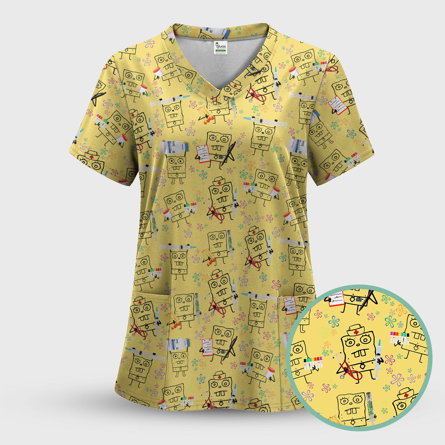 Custom Doodle Bob Energy Drink Nurse Scrub Top - Funny Cartoon Medical Design - Gift for RN MD RT CNA Paramedic Healthcare Staff