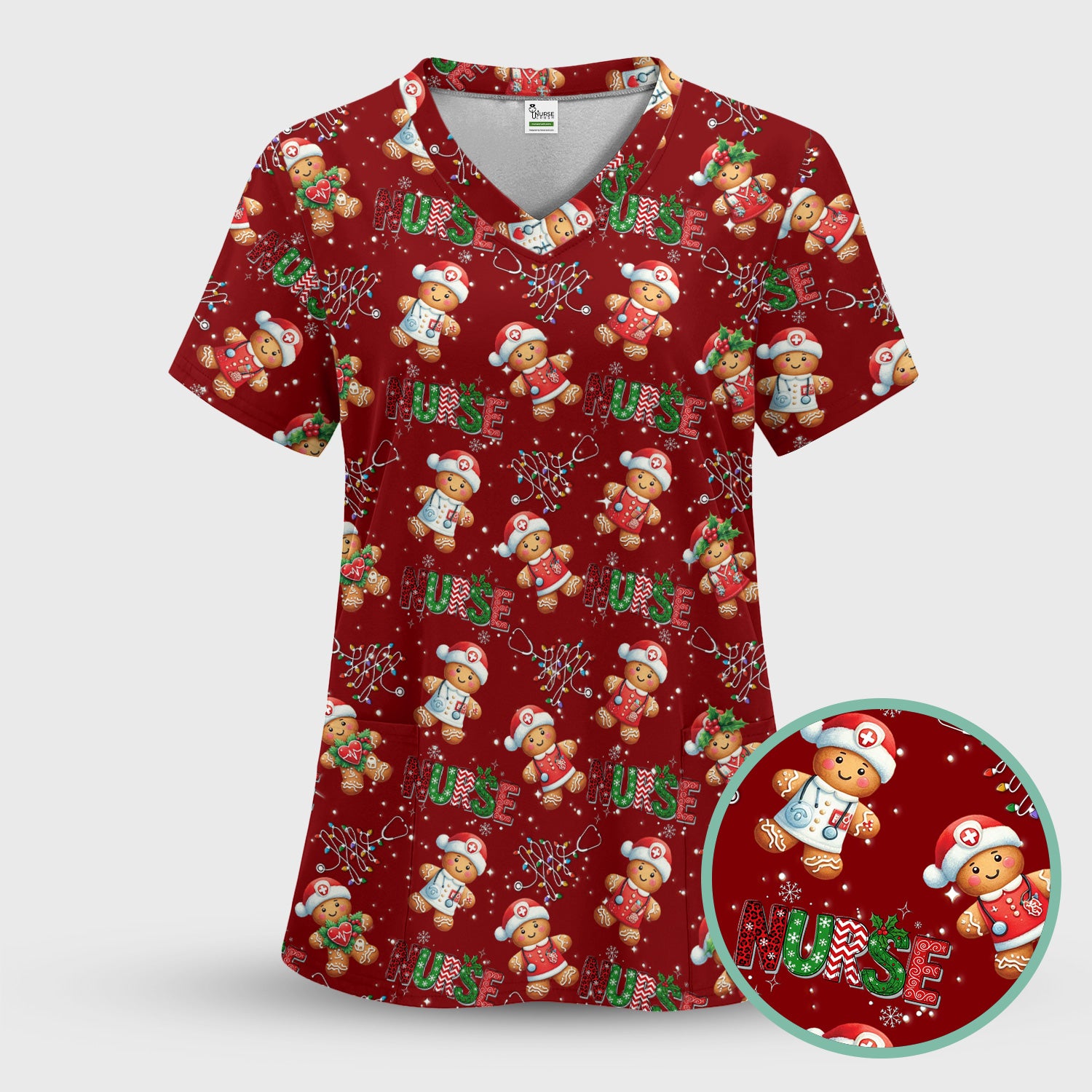 Christmas Nurse Scrub Top - Funny Gingerbread Holiday Medical Uniform - Gift for Nurse RN CNA LPN