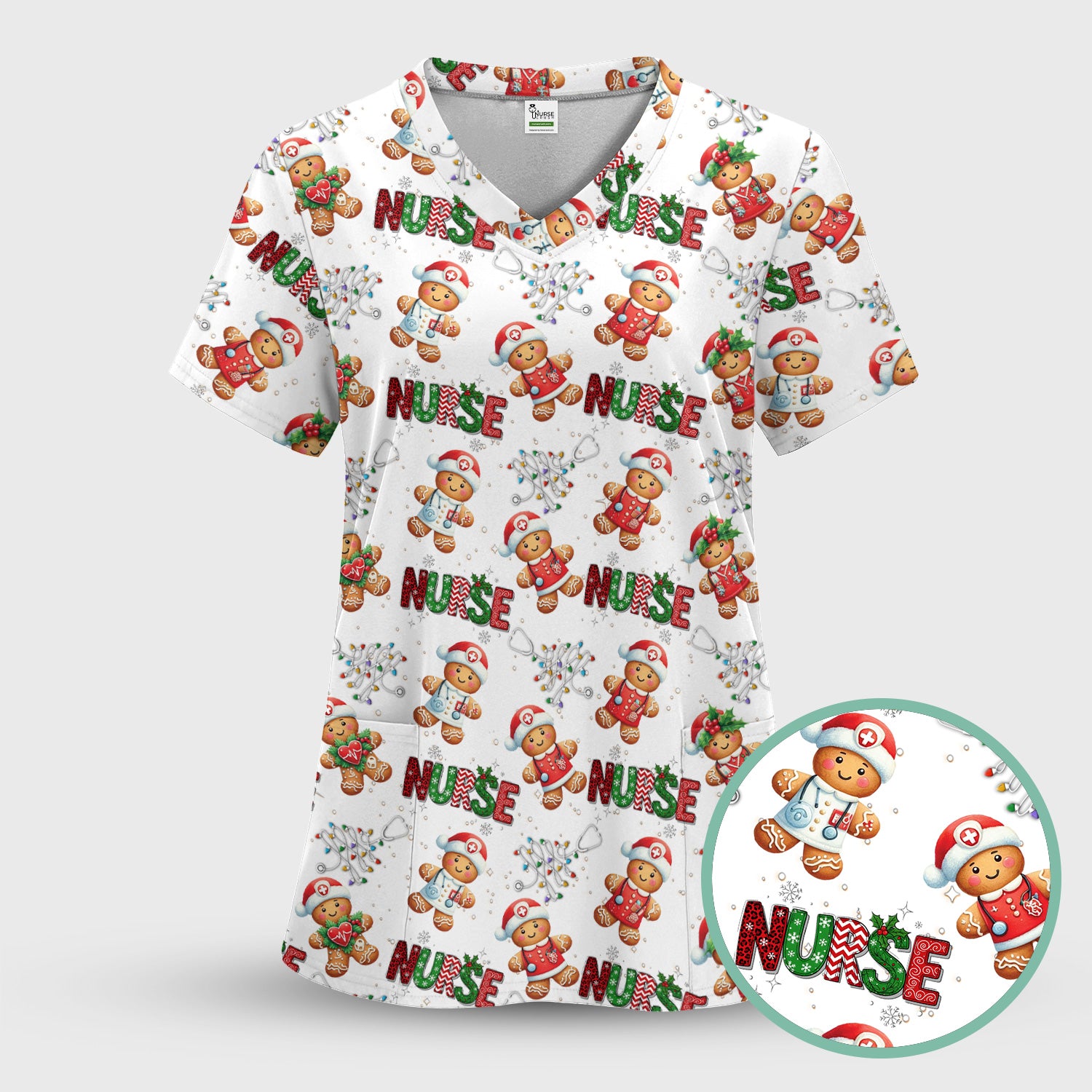Gingerbread Christmas Scrub Top - Festive Holiday Nurse Medical Shirt - Gift for RN CNA LPN