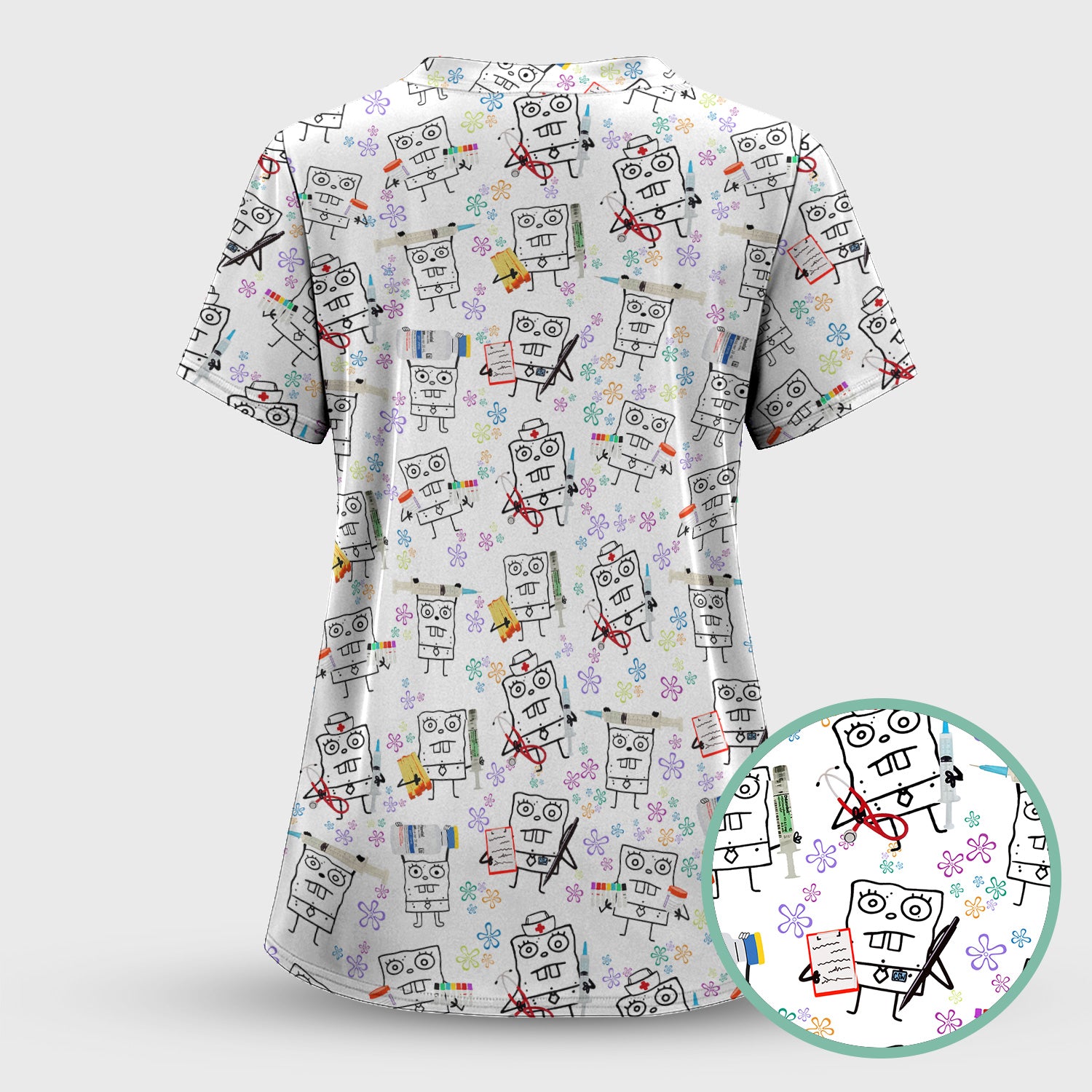 Custom Doodle Bob Energy Drink Nurse Scrub Top - Funny Cartoon Medical Design - Gift for RN MD RT CNA Paramedic Healthcare Staff