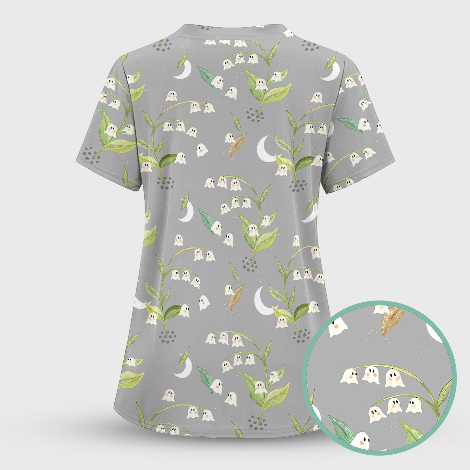 Cute Ghost Halloween Nurse Scrub Top - Lily of the Valley Shirt - Gift for Women Nurses, RN LPN & Medical Staff