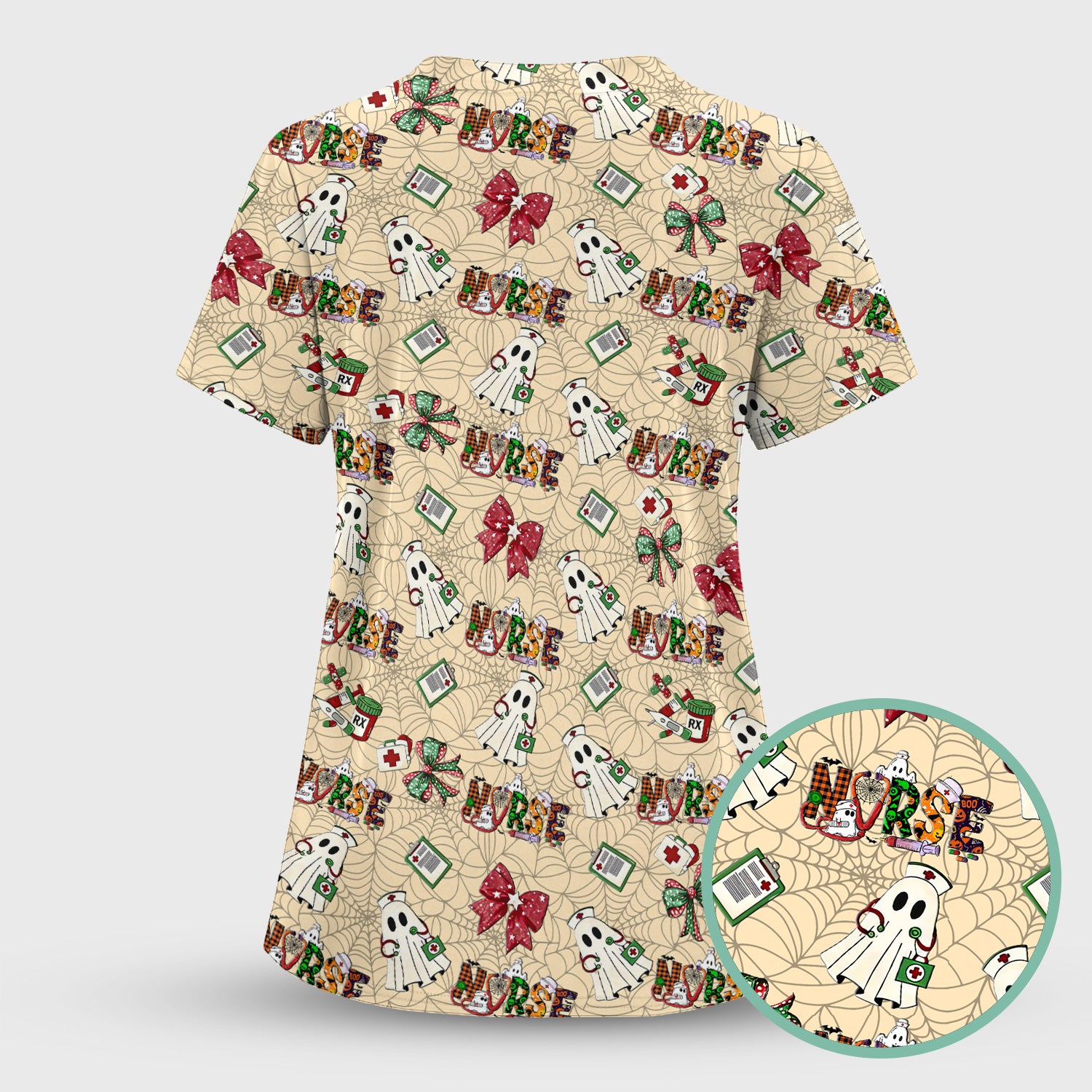Custom Halloween Scrub Top for Nurses - Funny Ghost and Web Scrub Shirt Multi Color - Cute Spooky Nursing Workwear with Pockets