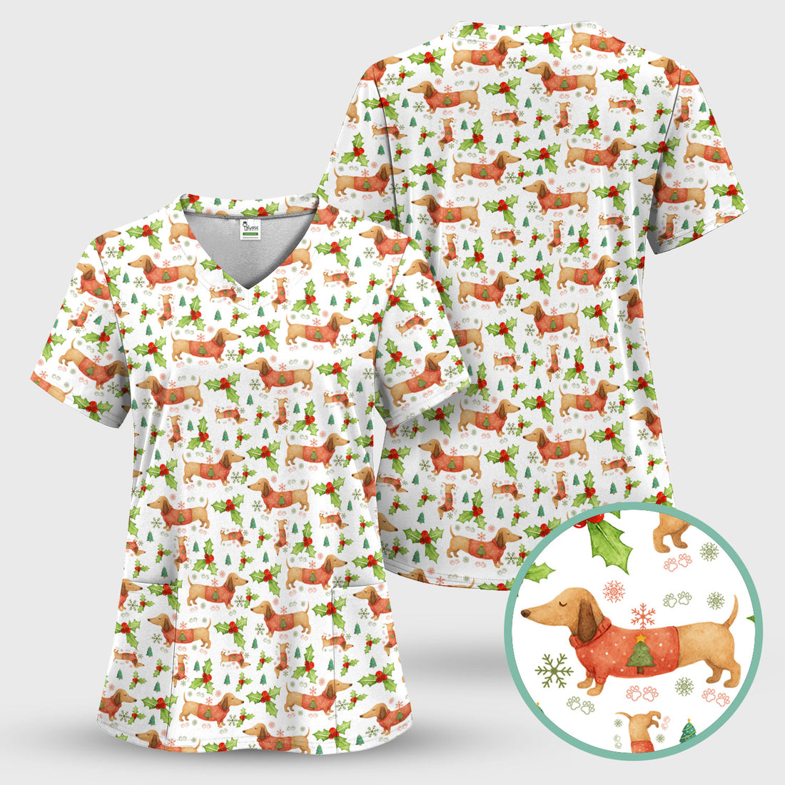 Festive Holiday Dachshund Scrub Top - Funny Sausage Dog Christmas Shirt - Wiener Puppy Lover Gift for RN CNA LPN