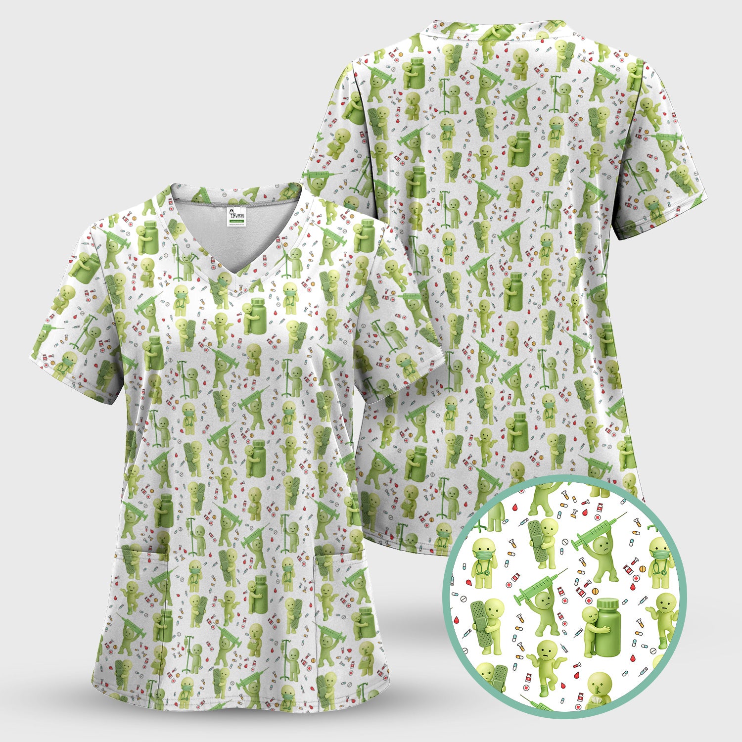 Funny Smiski Nurse Scrub Top - Cute Smiski Medical Pattern Design - Gift for Women RN LPN CNA