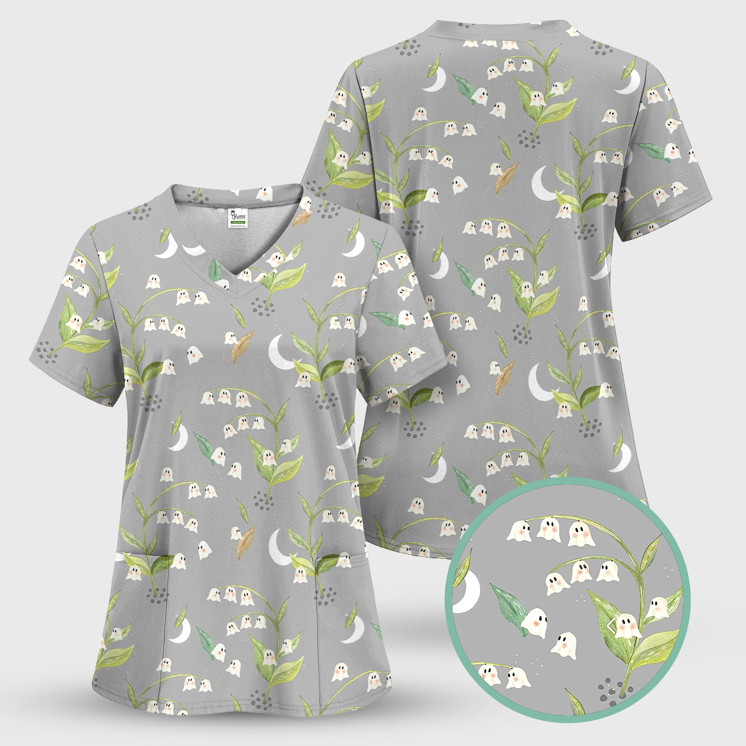 Cute Ghost Halloween Nurse Scrub Top - Lily of the Valley Shirt - Gift for Women Nurses, RN LPN & Medical Staff