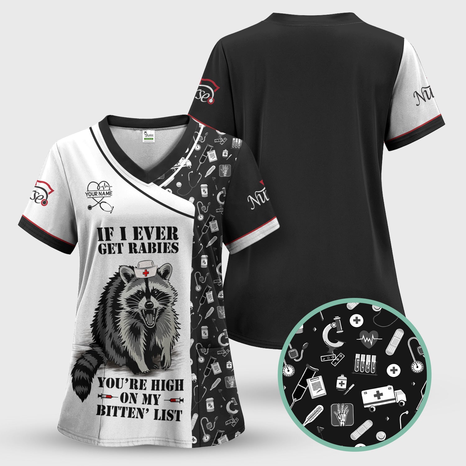 Custom Name Funny Nurse Scrub Top - You're High On My Bitten List - Gift for RN LPN CNA Healthcare Staff