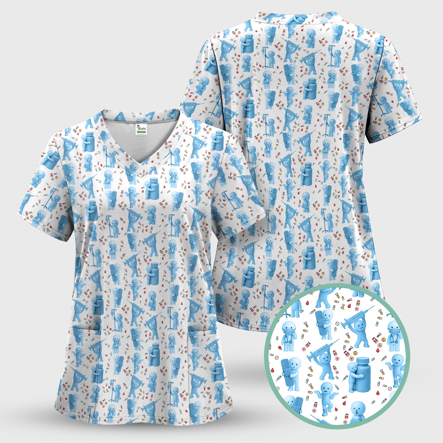 Funny Smiski Nurse Scrub Top - Cute Smiski Medical Pattern Design - Gift for Women RN LPN CNA