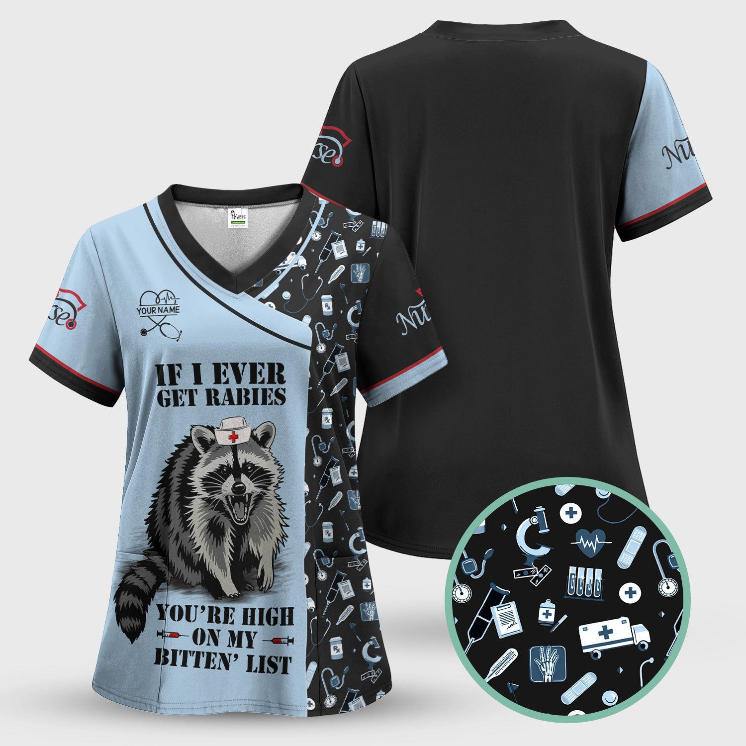 Custom Name Funny Nurse Scrub Top - You're High On My Bitten List - Gift for RN LPN CNA Healthcare Staff