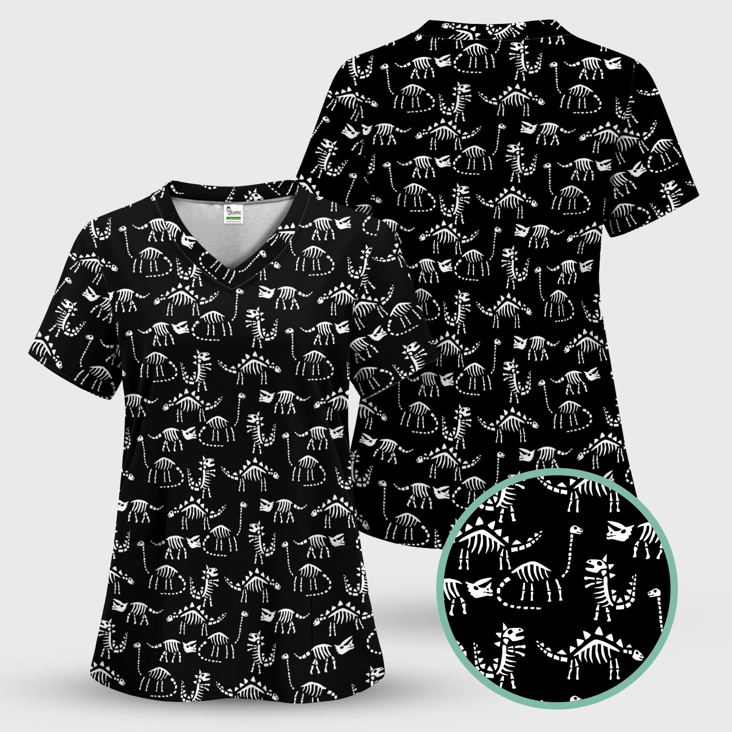Cute Dinosaur Fossil Shirt for Nurses - T-Rex & Stegosaurus Skeleton Pattern - RN LPN CNA Healthcare Workers Gift