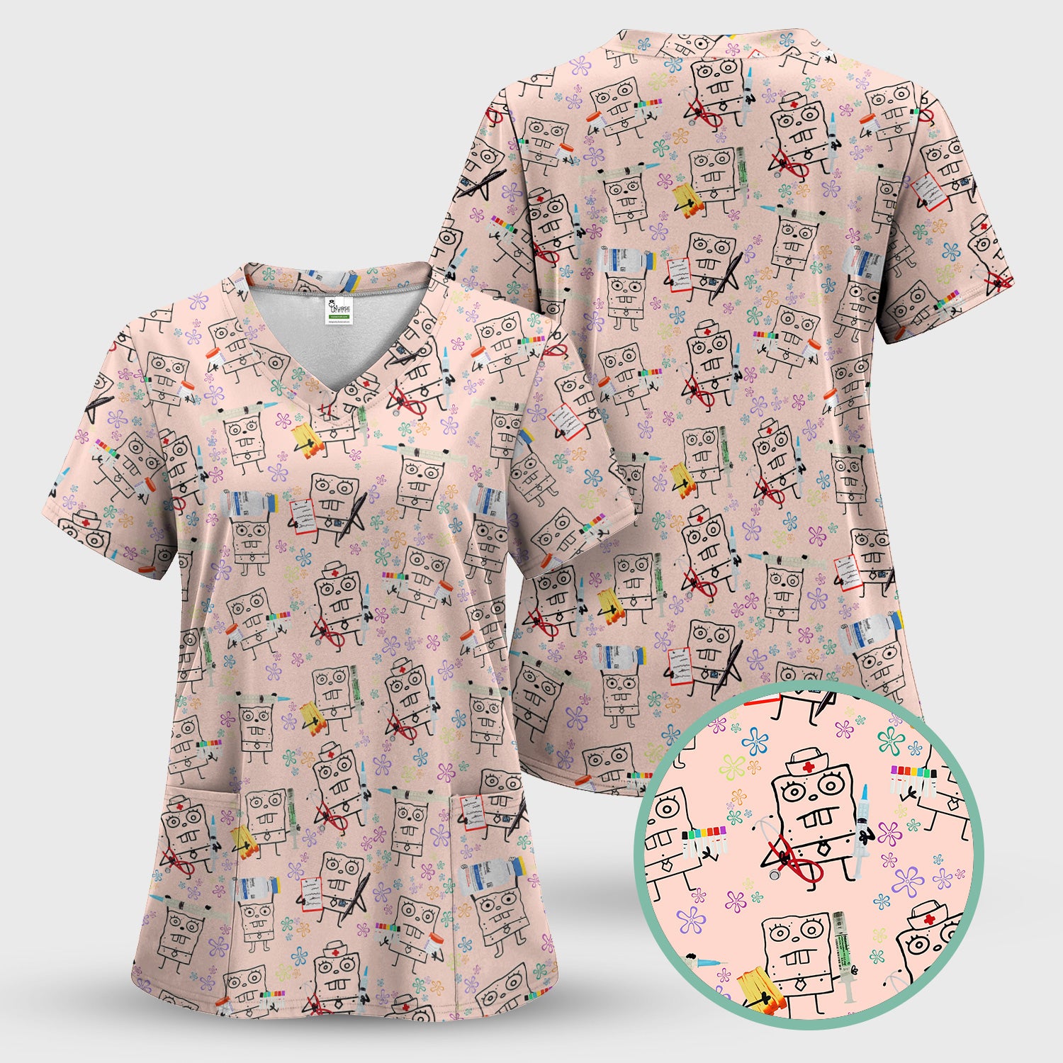 Custom Doodle Bob Energy Drink Nurse Scrub Top - Funny Cartoon Medical Design - Gift for RN MD RT CNA Paramedic Healthcare Staff