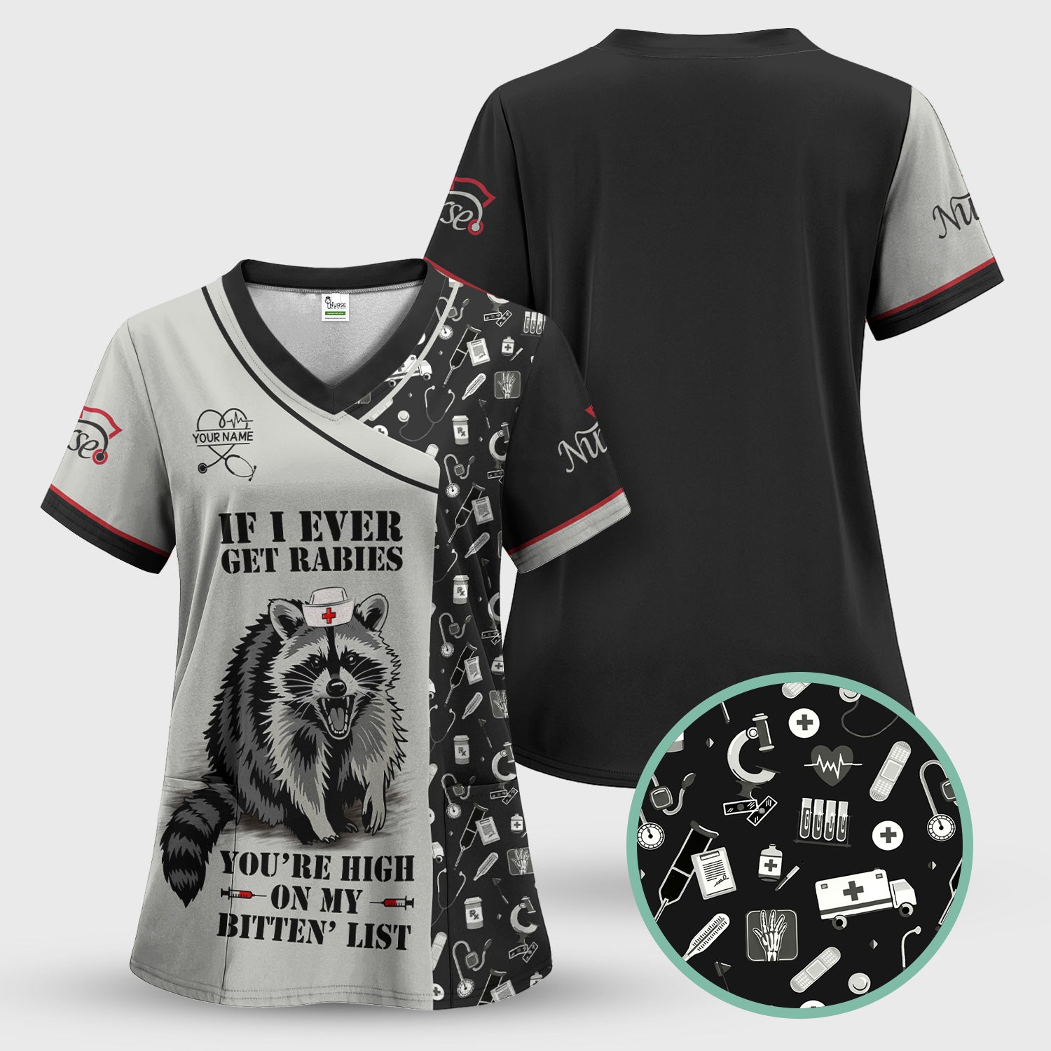 Custom Name Funny Nurse Scrub Top - You're High On My Bitten List - Gift for RN LPN CNA Healthcare Staff