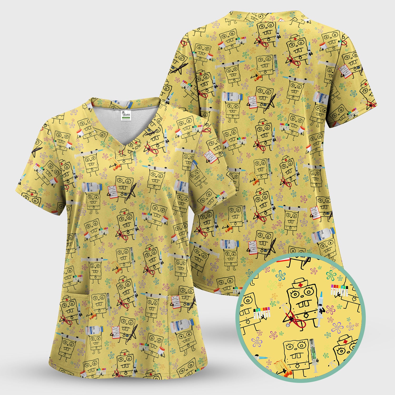 Custom Doodle Bob Energy Drink Nurse Scrub Top - Funny Cartoon Medical Design - Gift for RN MD RT CNA Paramedic Healthcare Staff