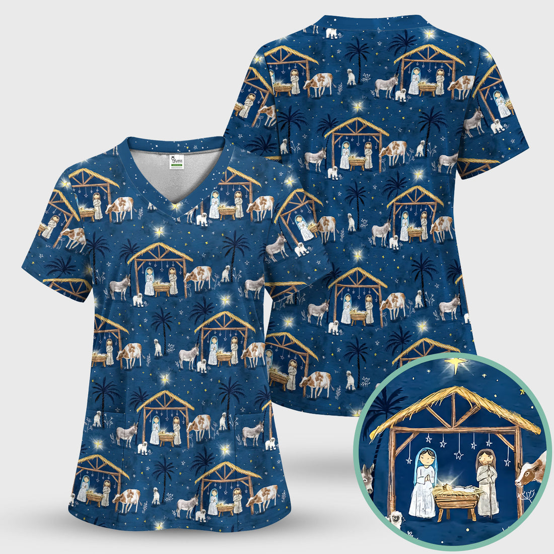 Christmas Nativity Scrub Top for Women - Holy Night Manger Scene - Religious Holiday Nursing Uniform Shirt