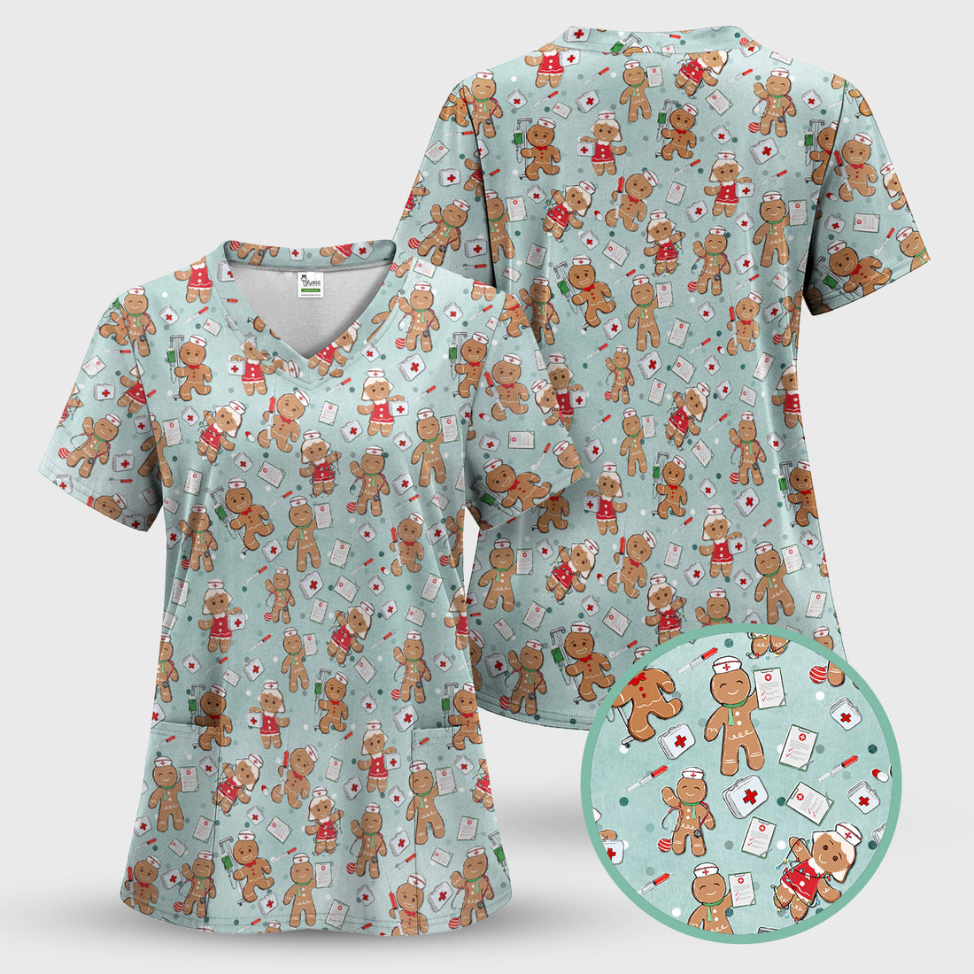 Cute Nurse Christmas Scrub Top - Funny Gingerbread Man & Medical Design - Gift for Women RN LPN & Pediatric Nurses