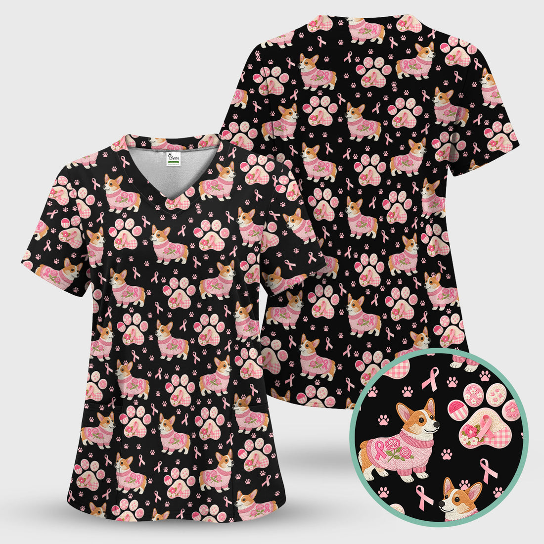 Corgi Pink Ribbon Scrub for Women - Breast Cancer Awareness Shirt - Floral Dog Paw Print Nursing Uniform - Support Gift