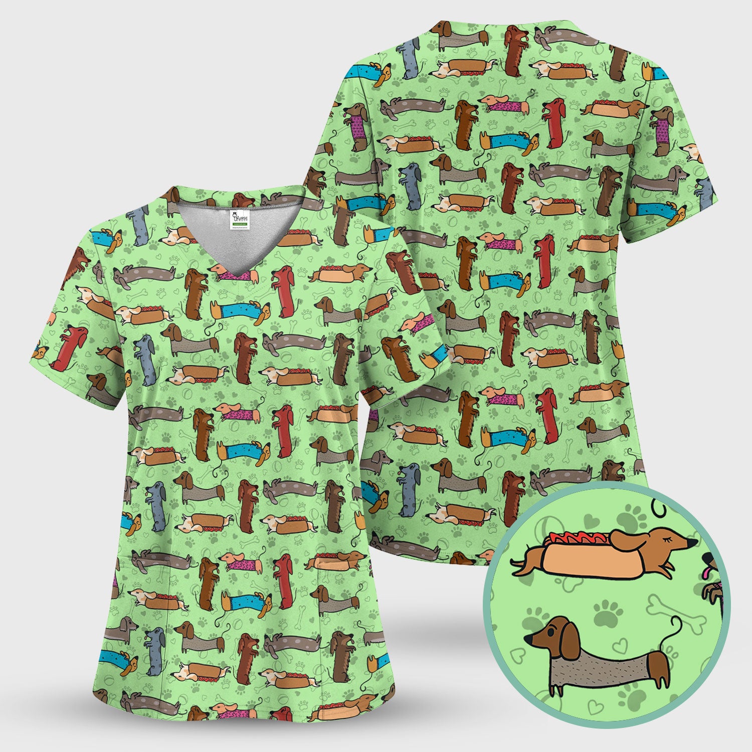 Cute Sausage Dog Scrub Top for Nurses - Colorful Dachshund Print Medical Work Shirt - Fun Wiener Dog Pattern Veterinary Apparel