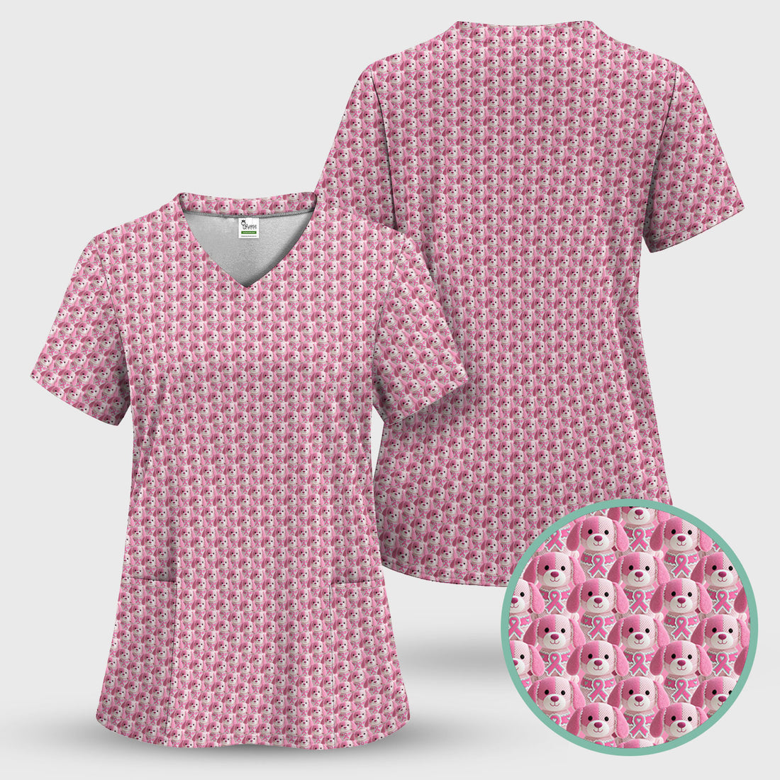 Pink Breast Cancer Awareness Scrub Top - Cute Puppy Dog Ribbon Nurse Shirt - Support Fight Cancer Medical Uniform Gift