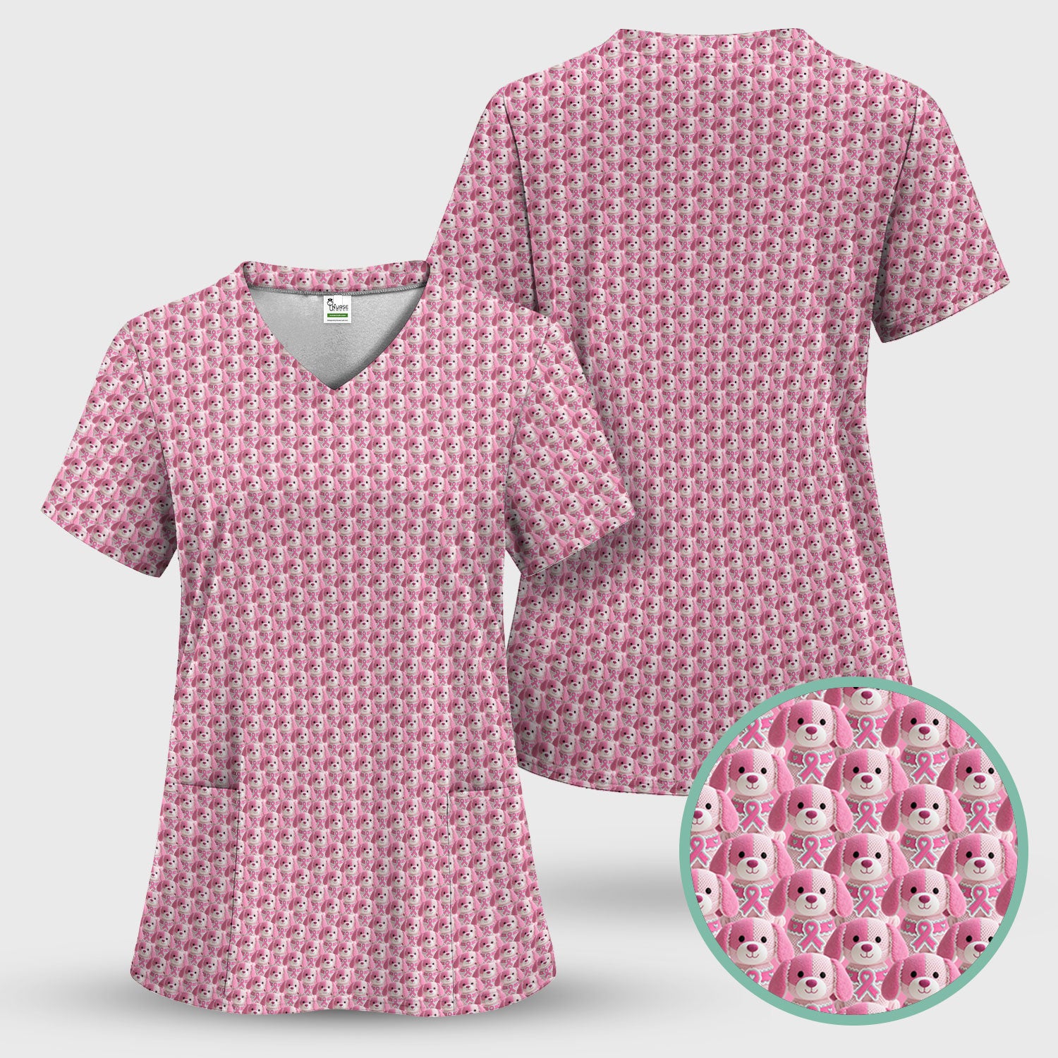 Pink Breast Cancer Awareness Scrub Top - Cute Puppy Dog Ribbon Nurse Shirt - Support Fight Cancer Medical Uniform Gift