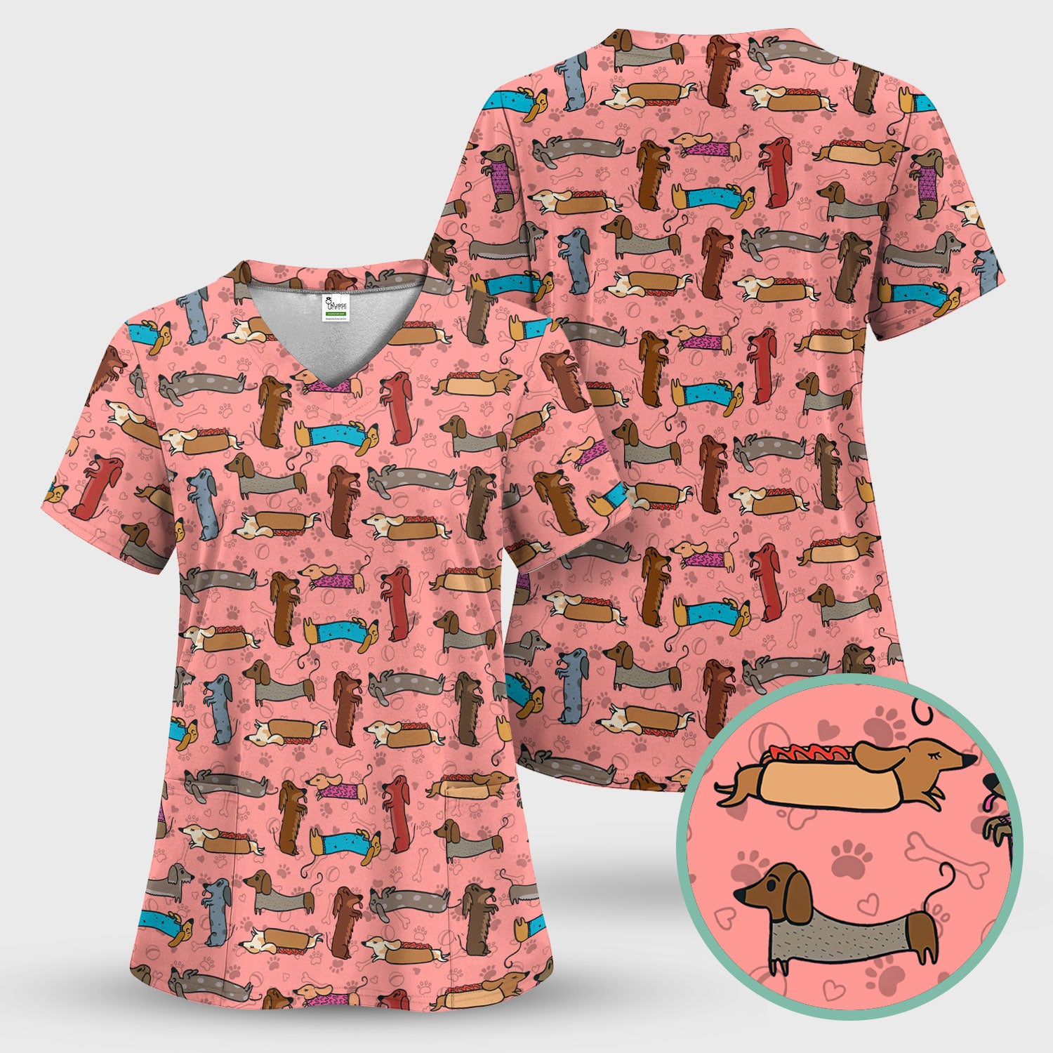 Cute Sausage Dog Scrub Top for Nurses - Colorful Dachshund Print Medical Work Shirt - Fun Wiener Dog Pattern Veterinary Apparel