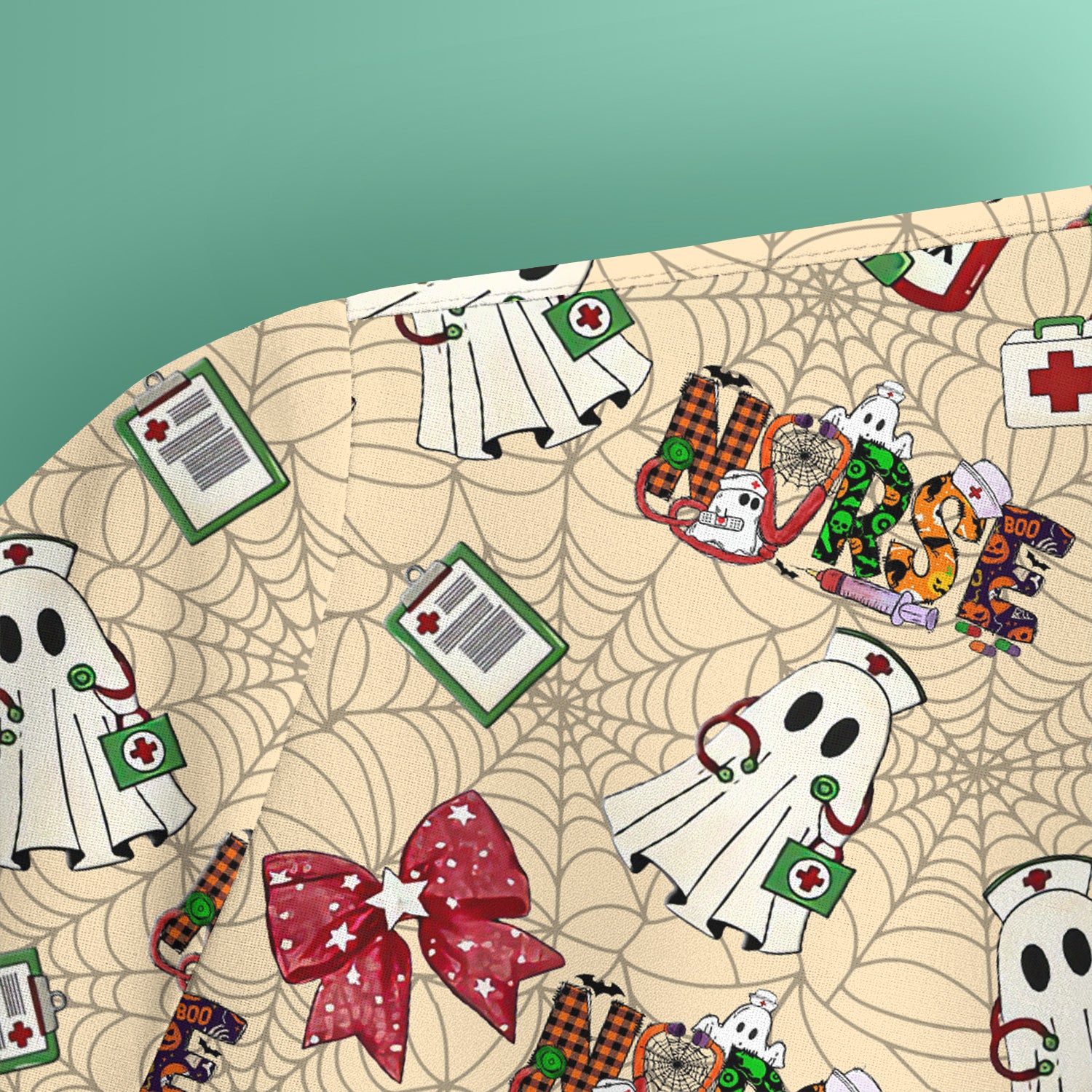 Custom Halloween Scrub Top for Nurses - Funny Ghost and Web Scrub Shirt Multi Color - Cute Spooky Nursing Workwear with Pockets