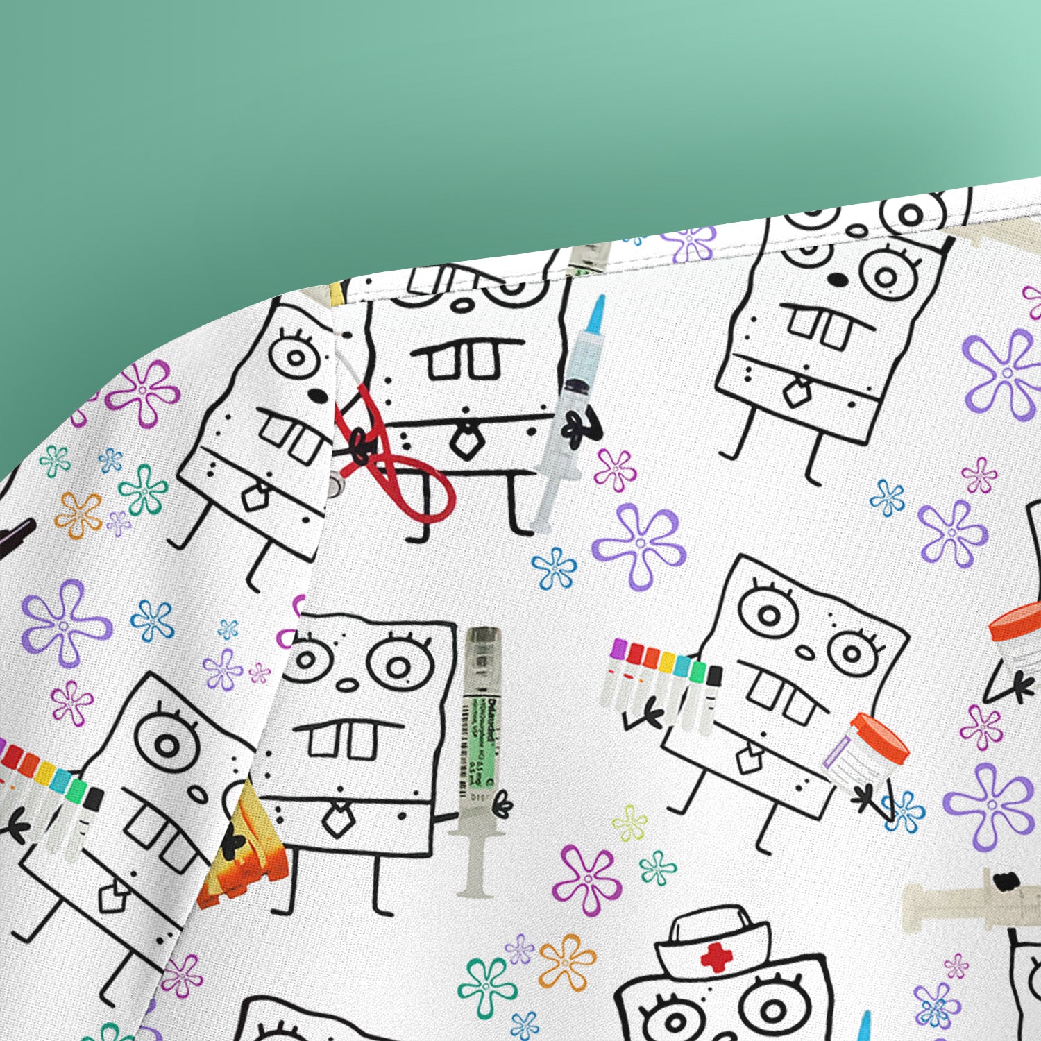 Custom Doodle Bob Energy Drink Nurse Scrub Top - Funny Cartoon Medical Design - Gift for RN MD RT CNA Paramedic Healthcare Staff