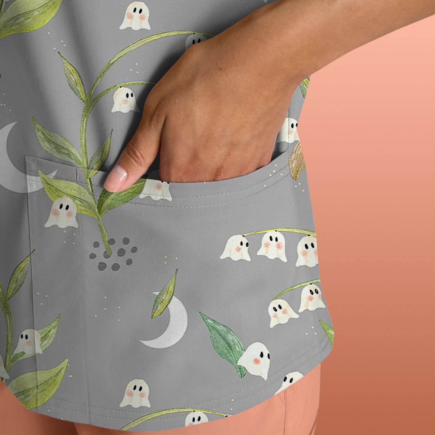 Cute Ghost Halloween Nurse Scrub Top - Lily of the Valley Shirt - Gift for Women Nurses, RN LPN & Medical Staff