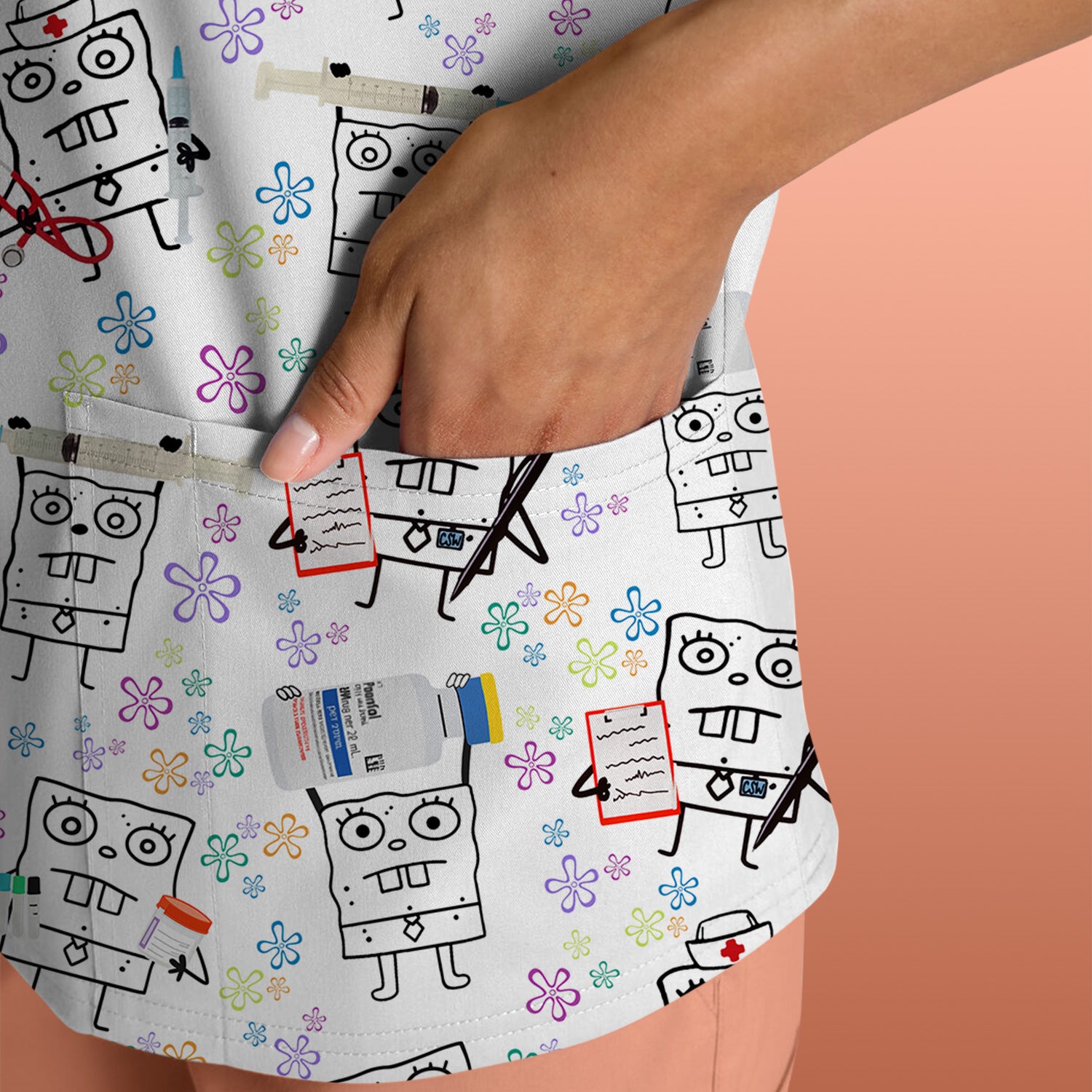 Custom Doodle Bob Energy Drink Nurse Scrub Top - Funny Cartoon Medical Design - Gift for RN MD RT CNA Paramedic Healthcare Staff