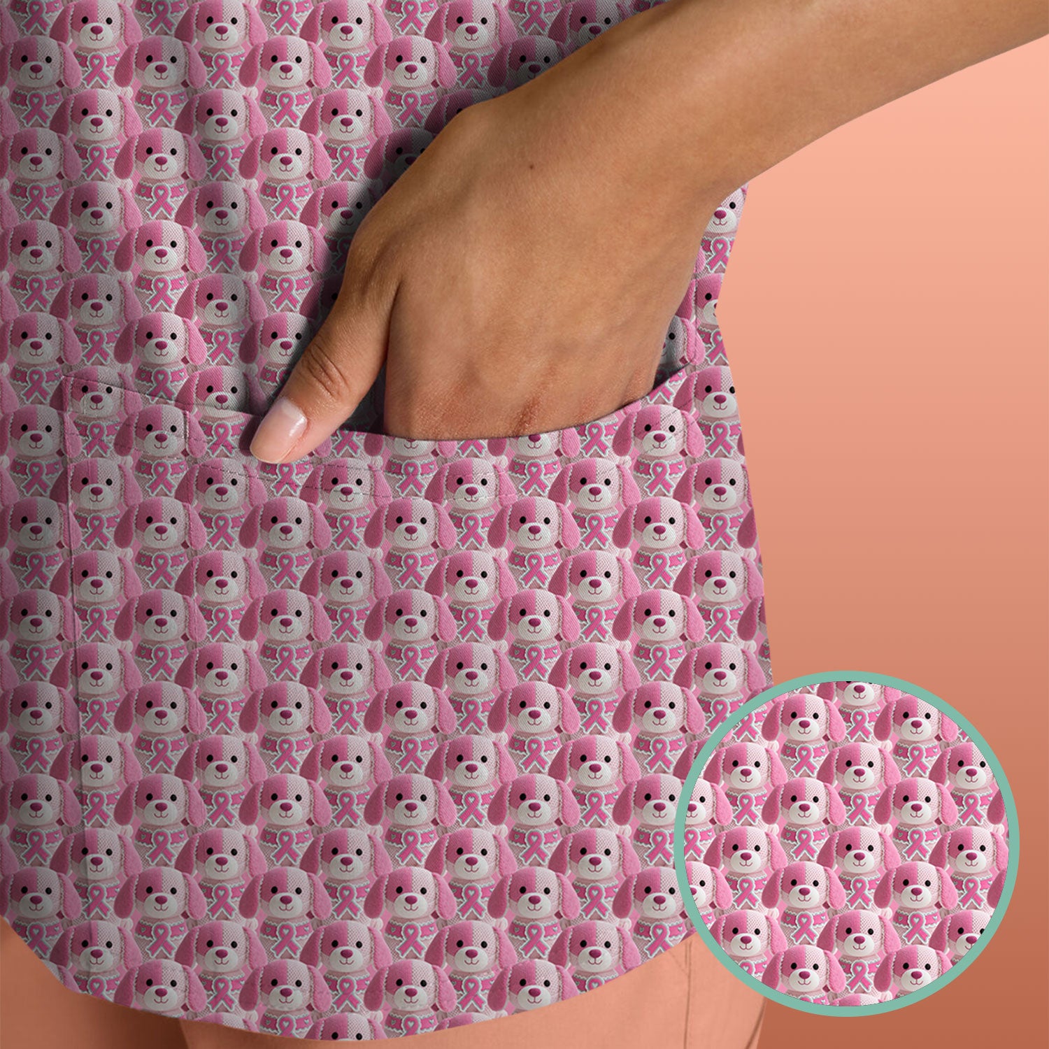 Pink Breast Cancer Awareness Scrub Top - Cute Puppy Dog Ribbon Nurse Shirt - Support Fight Cancer Medical Uniform Gift