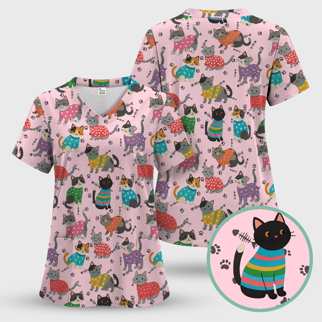Custom Cat Scrub Top Multi Color - Cute Kitty Print Scrub Shirt for Nurses - Funny Colorful Nursing Workwear with Pockets