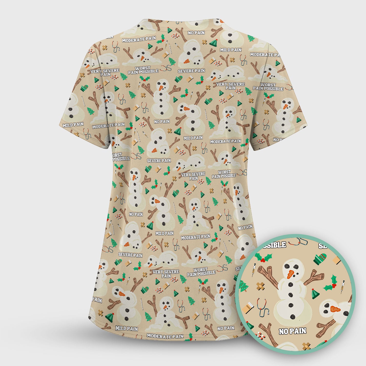 Christmas Snowman Nurse Scrub Top for Women - Funny Pain Scale Medical Shirt - Cute Holiday Nursing Uniform Gift for RN LPN CNA
