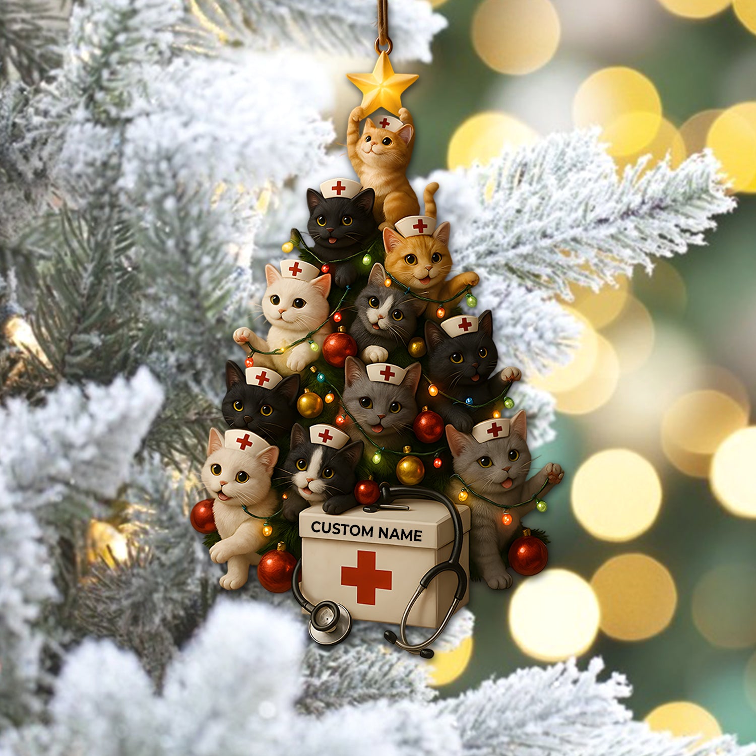 Custom Name Nurse Cat Ornament, Christmas Tree Medical Design, RN LPN CNA Healthcare Workers Gift