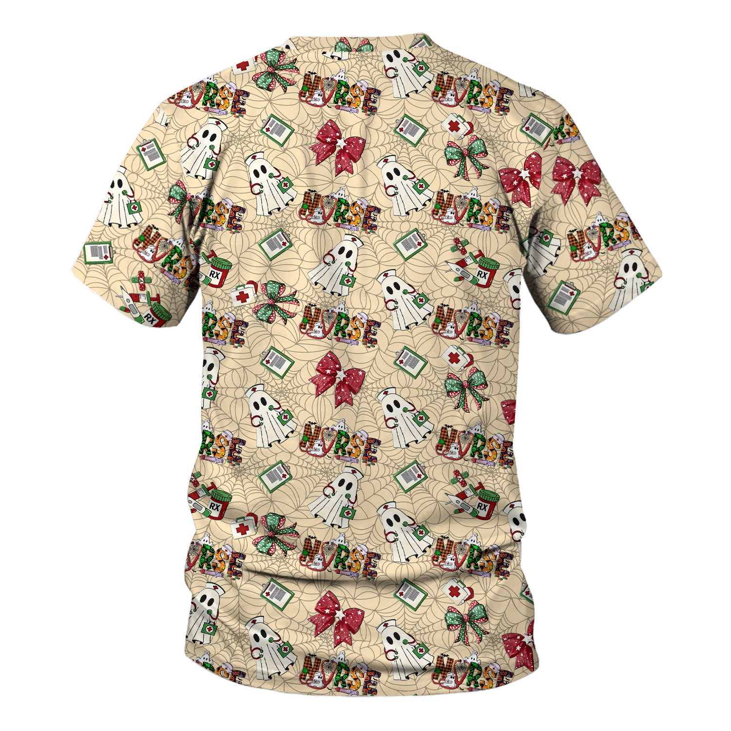 Custom Halloween Scrub Top for Nurses - Funny Ghost and Web Scrub Shirt Multi Color - Cute Spooky Nursing Workwear with Pockets