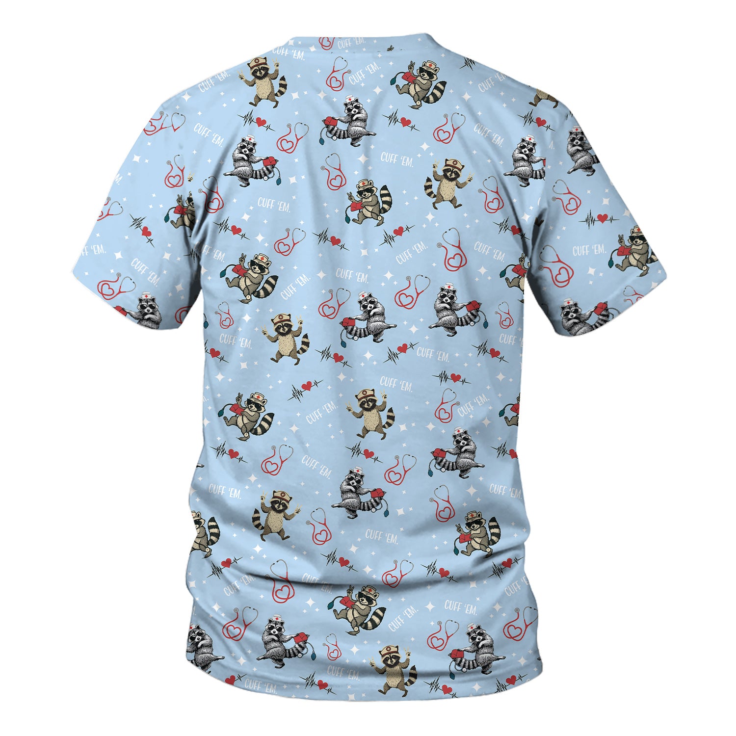 Cuff ‰Û÷Em Raccoon Nurse Shirt - Funny Medical Scrub T-Shirt for CNA EMT LPN - Cute All Over Print Gift for Healthcare Workers