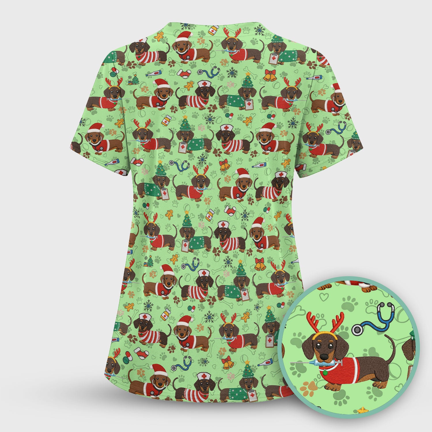 Christmas Wiener Dog Scrub Top for Nurses - Cute Dachshund Medical Shirt - Fun Holiday Scrubs Gift for Women RN CNA LPN