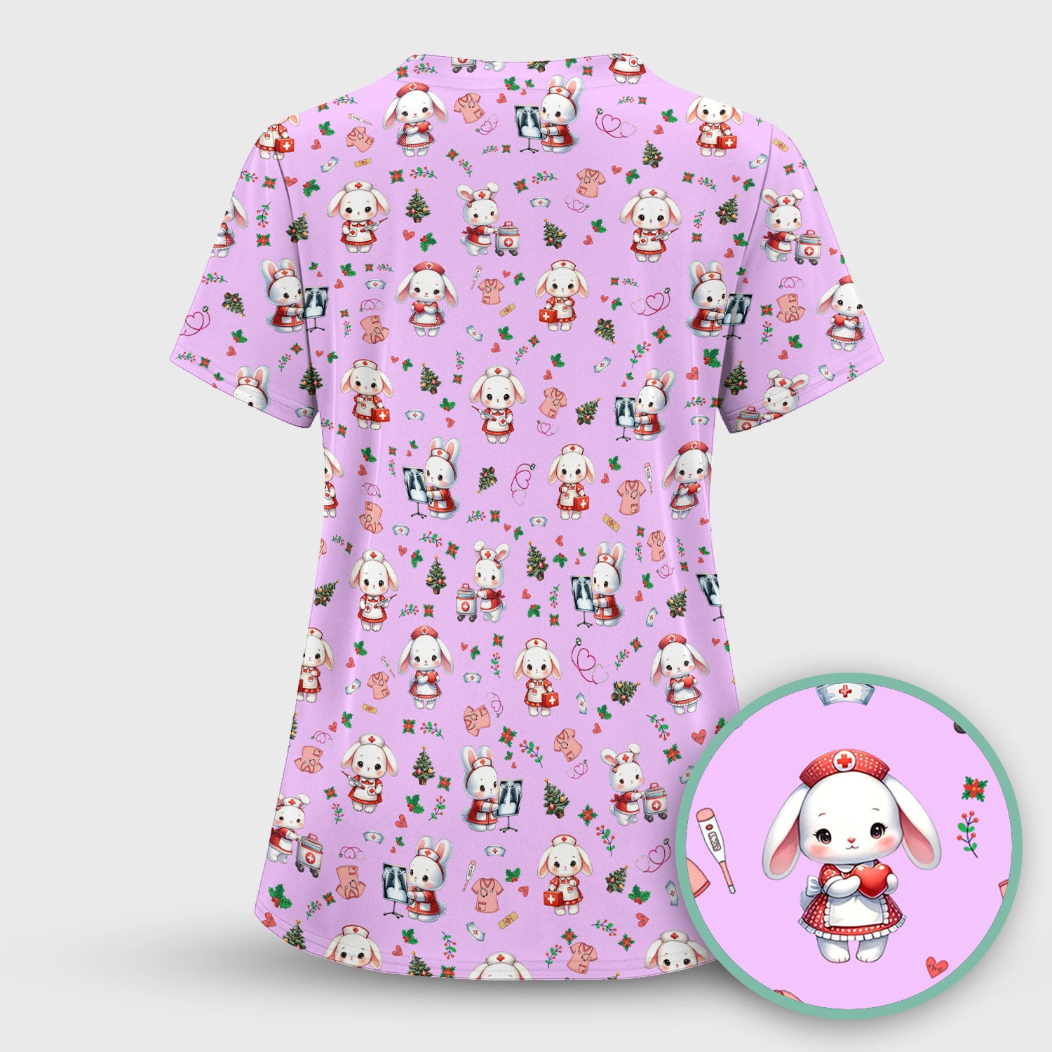 Comfortable Scrubs for Nurses - Funny Bunny Scrub Top - Rabbit Christmas Shirt - Xmas Med Uniform for Women