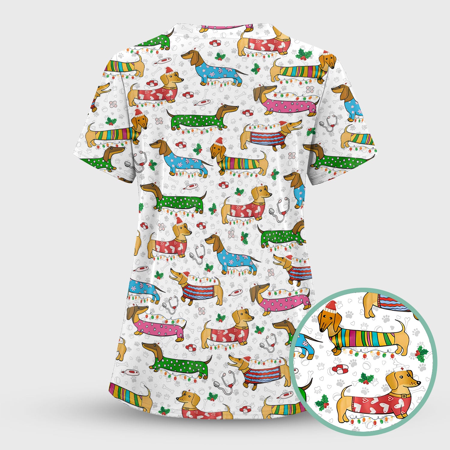 Christmas Scrub Top for Women - Funny Dachshund Nurse Shirt - Cute Holiday Medical Uniform Gift for RN LPN CNA