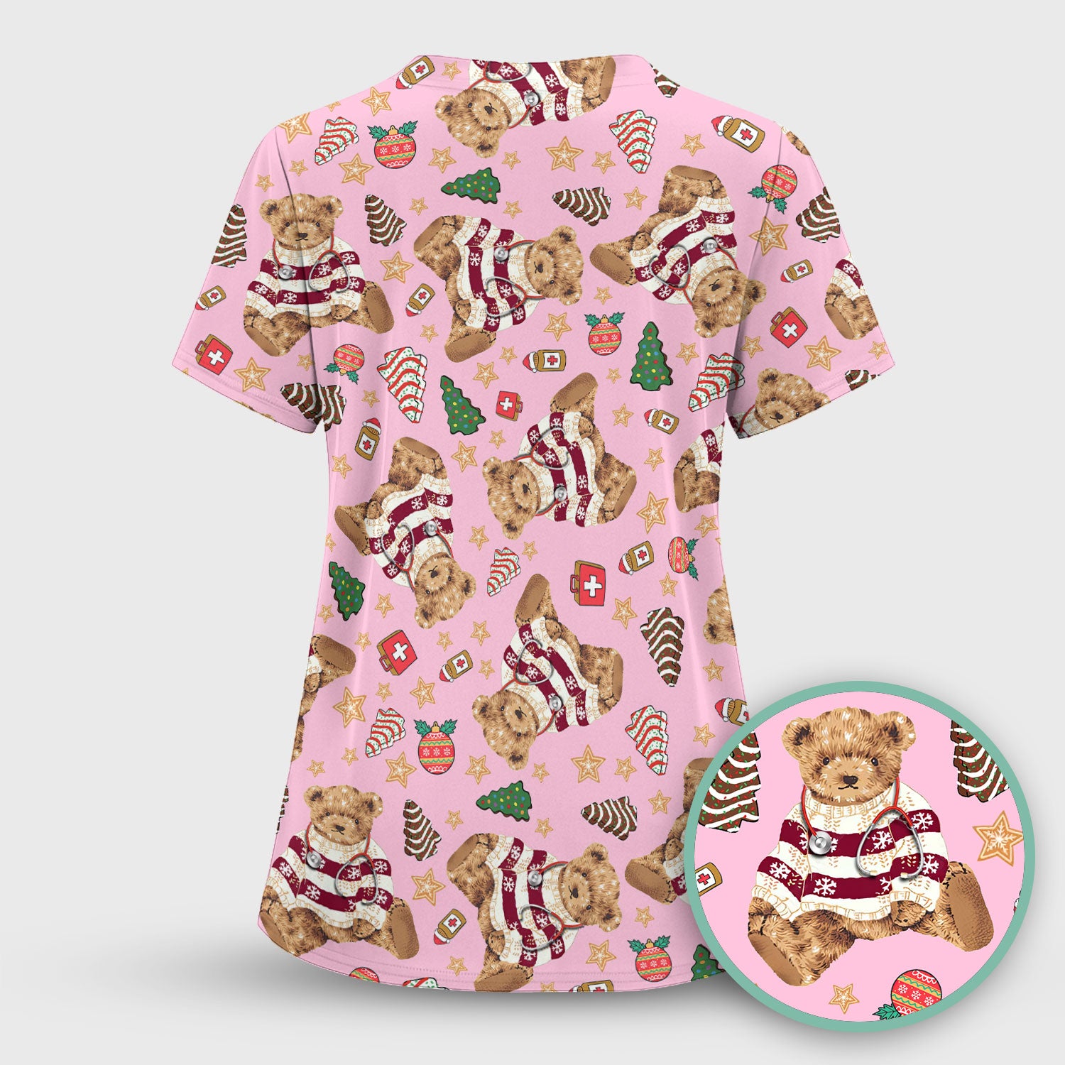 Christmas Teddy Bear Scrub Top for Nurses - Cozy Holiday Pattern with Cute Bear and Medical Icons - Festive Scrubs for Women
