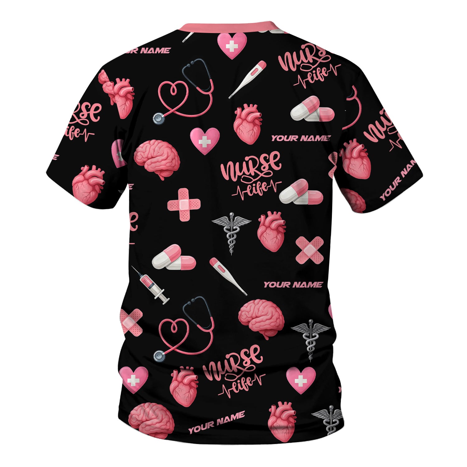 Personalized Nurse Life Shirt - Cute Medical Pattern with Heart Brain Pills Stethoscope - Custom Name Gift for RN CNA LPN Women in Healthcare and Nursing Profession