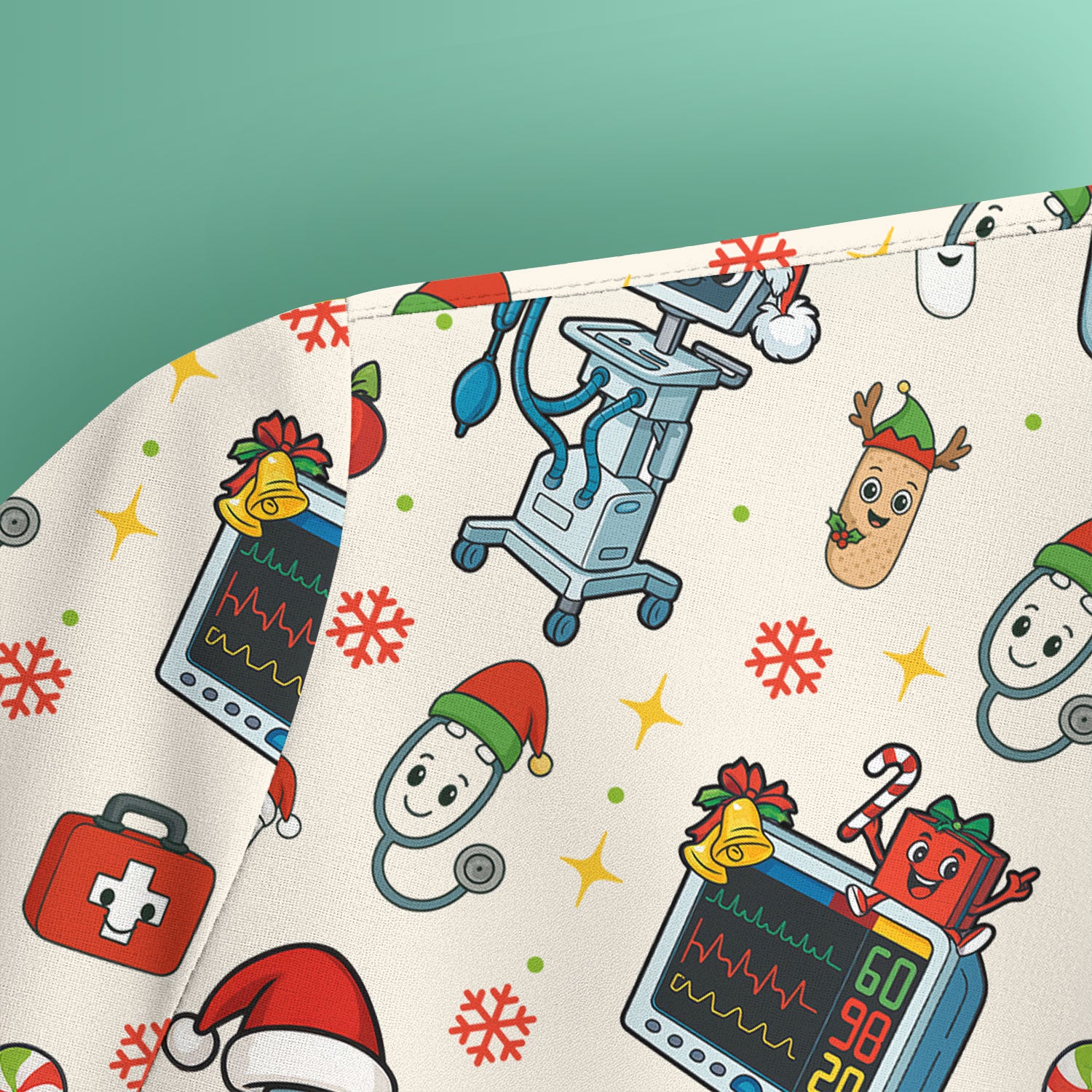 Christmas Scrub Top for Women - Funny Nurse Pattern with Robot & Reindeer - Festive Medical Shirt for Holiday Shifts
