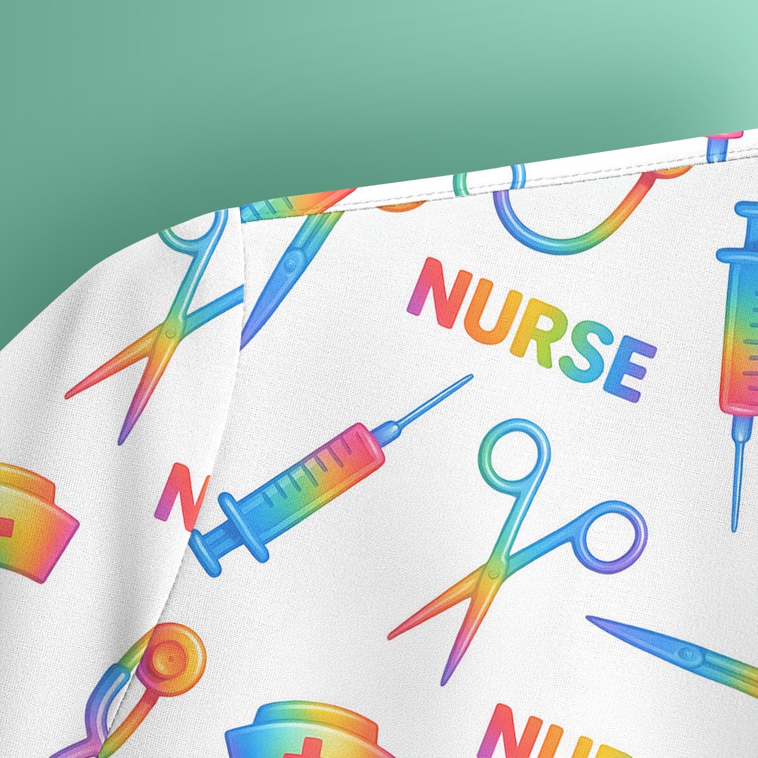 Colorful Nurse Scrub Top for Women - Rainbow Syringe and Scissors Pattern - Fun Medical Scrubs Shirt Gift for RN LPN CNA