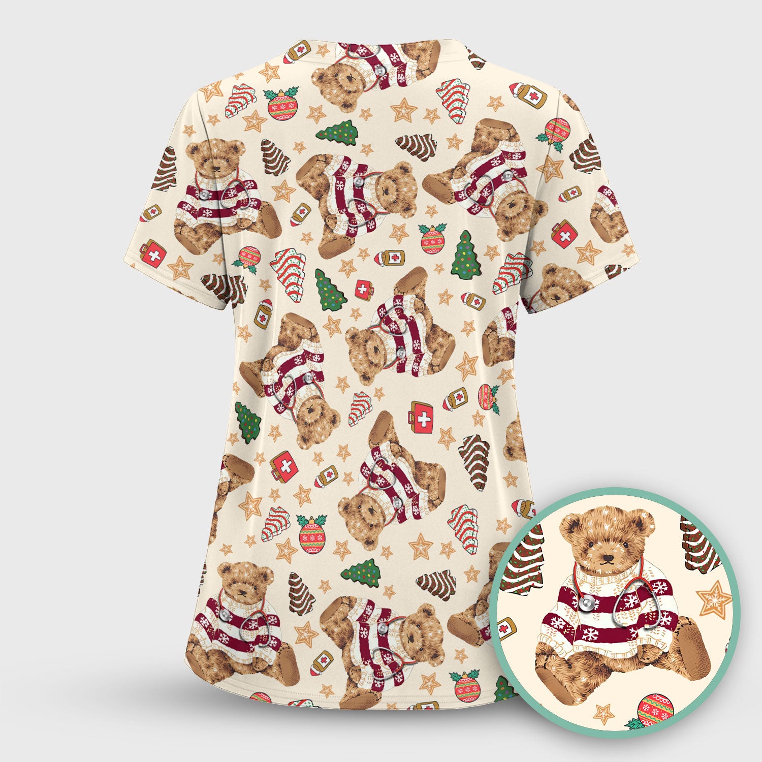 Christmas Teddy Bear Scrub Top for Nurses - Cozy Holiday Pattern with Cute Bear and Medical Icons - Festive Scrubs for Women