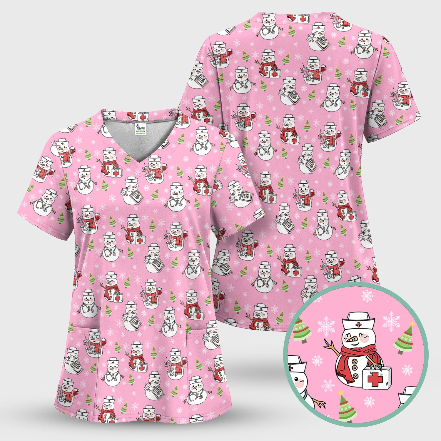 Christmas Snowman Nurse Scrub Top for Women - Cute Holiday Medical Snowman Tee - Funny Nursing Uniform Shirt RN LPN CNA Gift