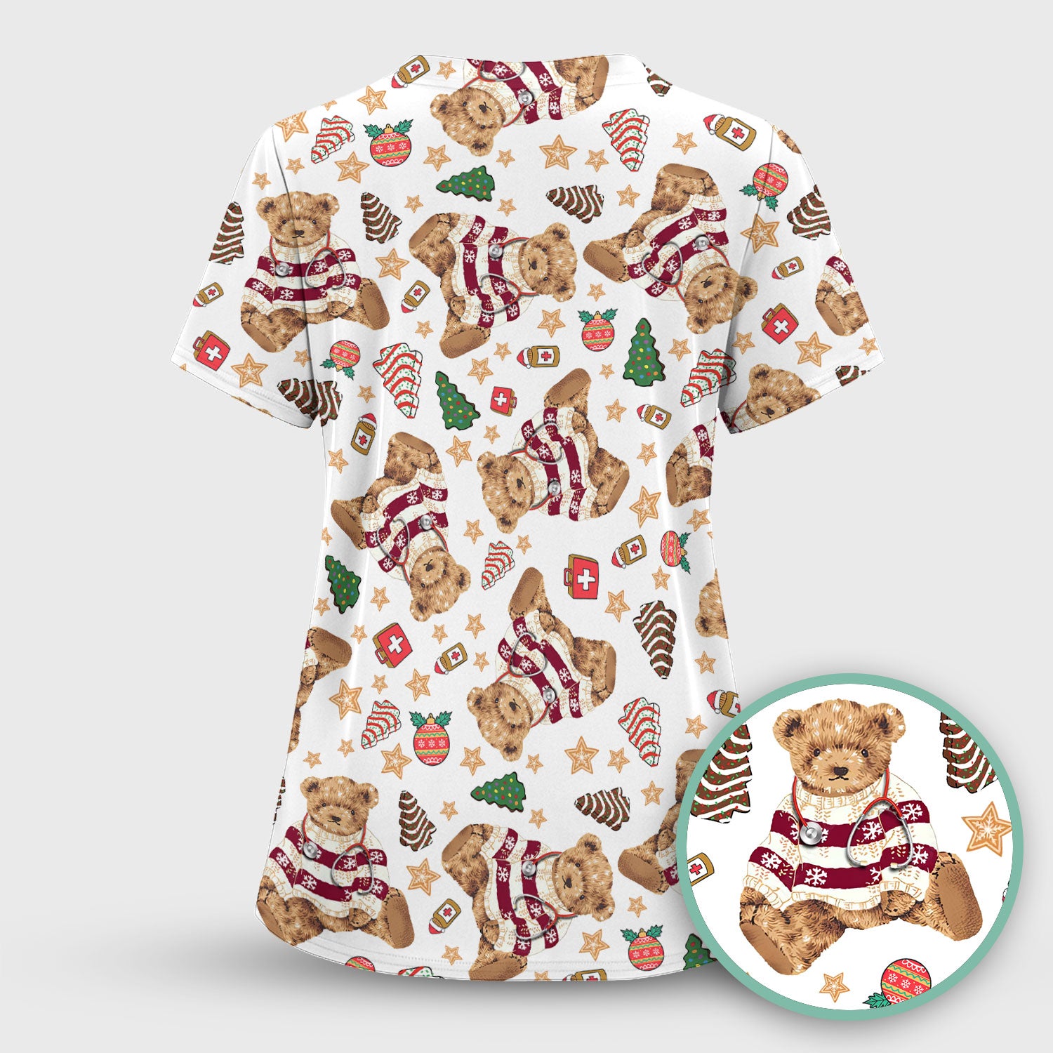 Christmas Teddy Bear Scrub Top for Nurses - Cozy Holiday Pattern with Cute Bear and Medical Icons - Festive Scrubs for Women