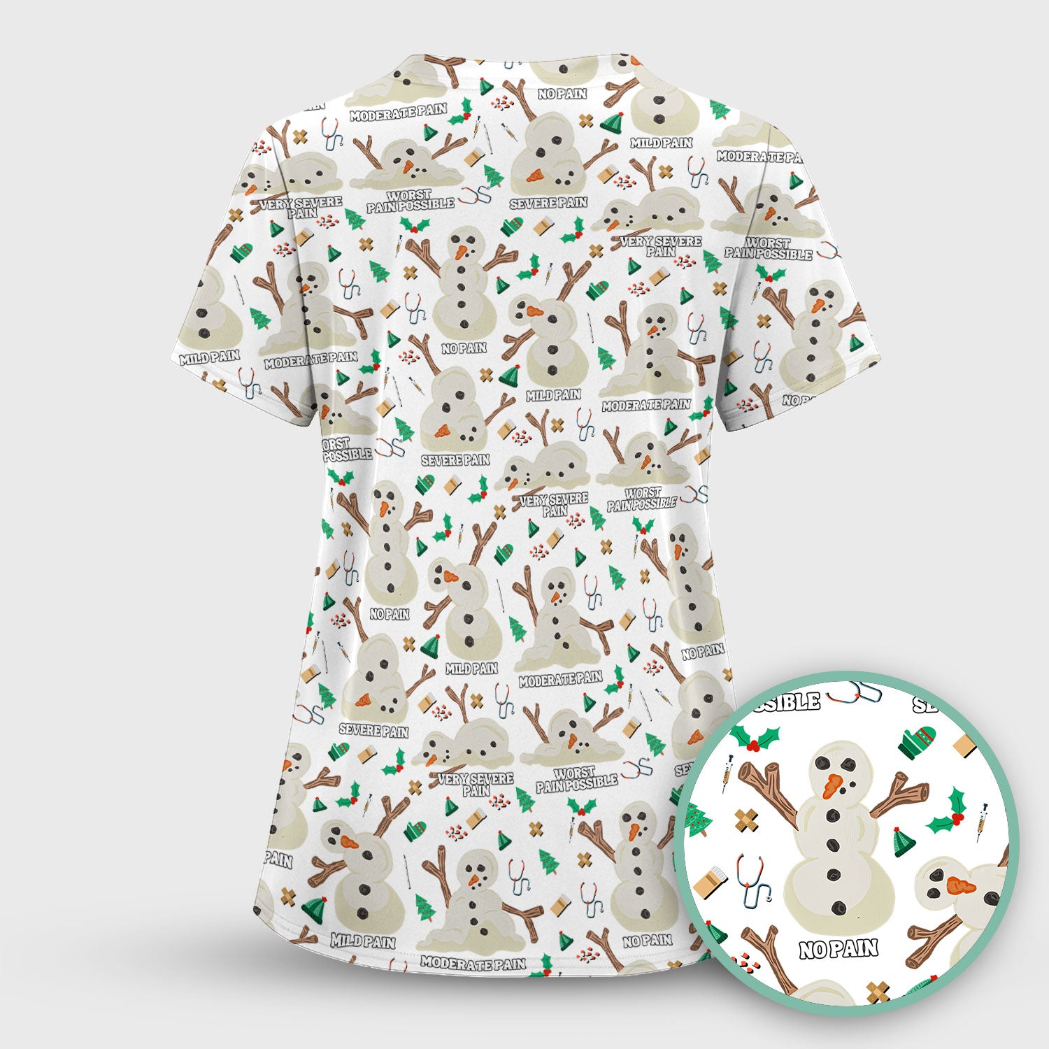 Christmas Snowman Nurse Scrub Top for Women - Funny Pain Scale Medical Shirt - Cute Holiday Nursing Uniform Gift for RN LPN CNA