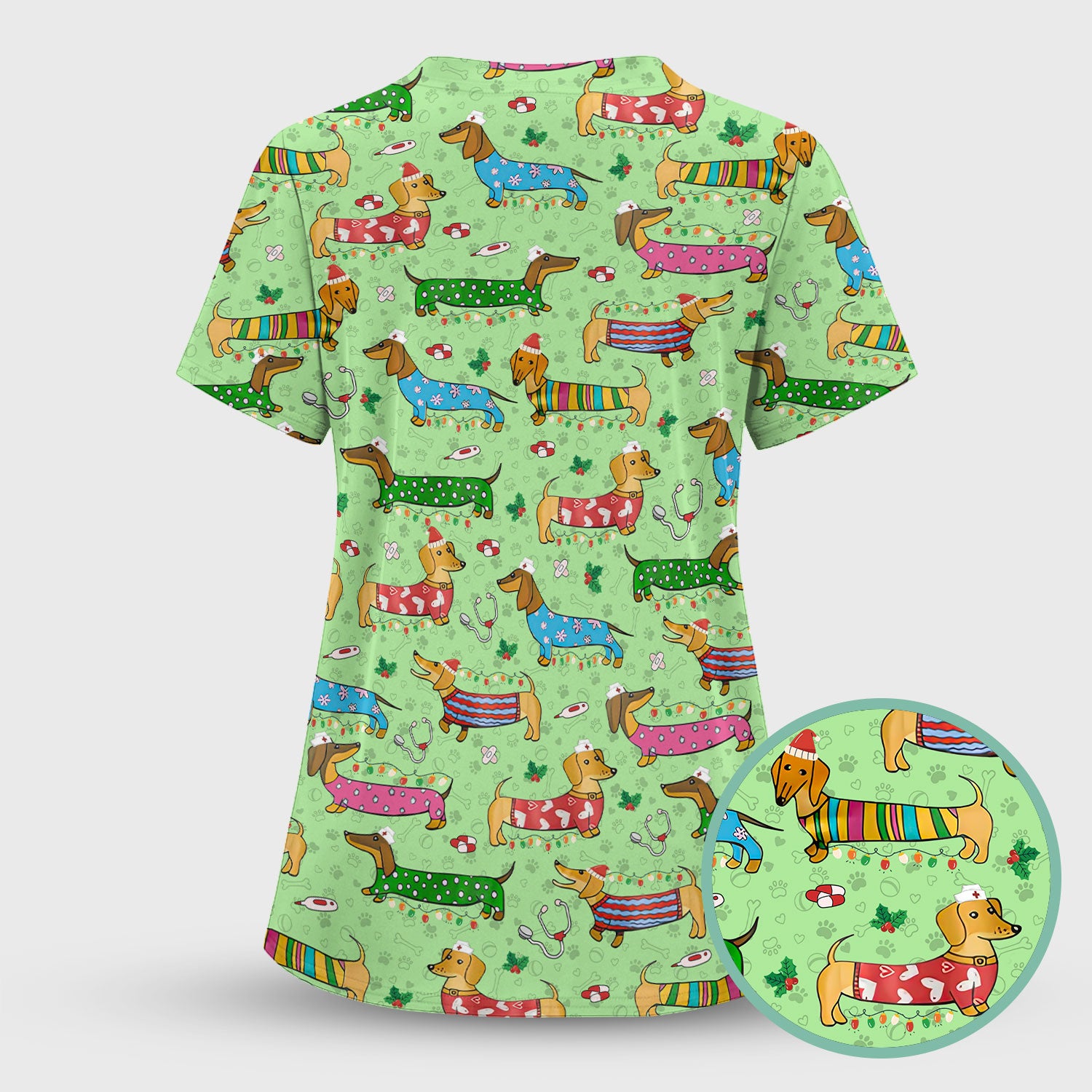 Christmas Scrub Top for Women - Funny Dachshund Nurse Shirt - Cute Holiday Medical Uniform Gift for RN LPN CNA