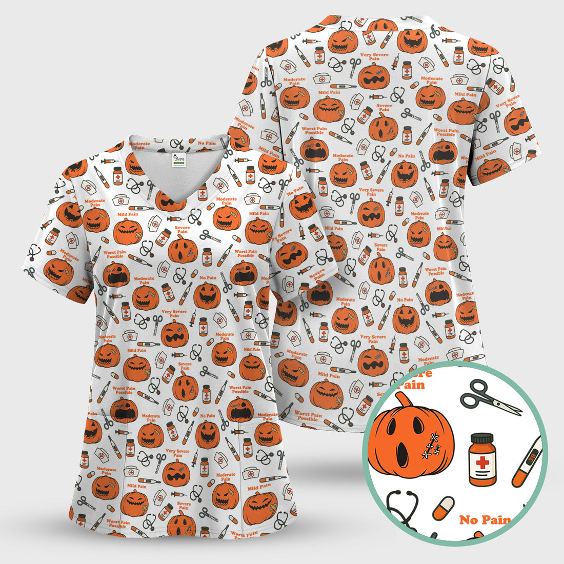 Halloween Nurse Scrub Top - Pumpkin Pain Scale Medical Shirt - Spooky Gift for RN LPN CNA