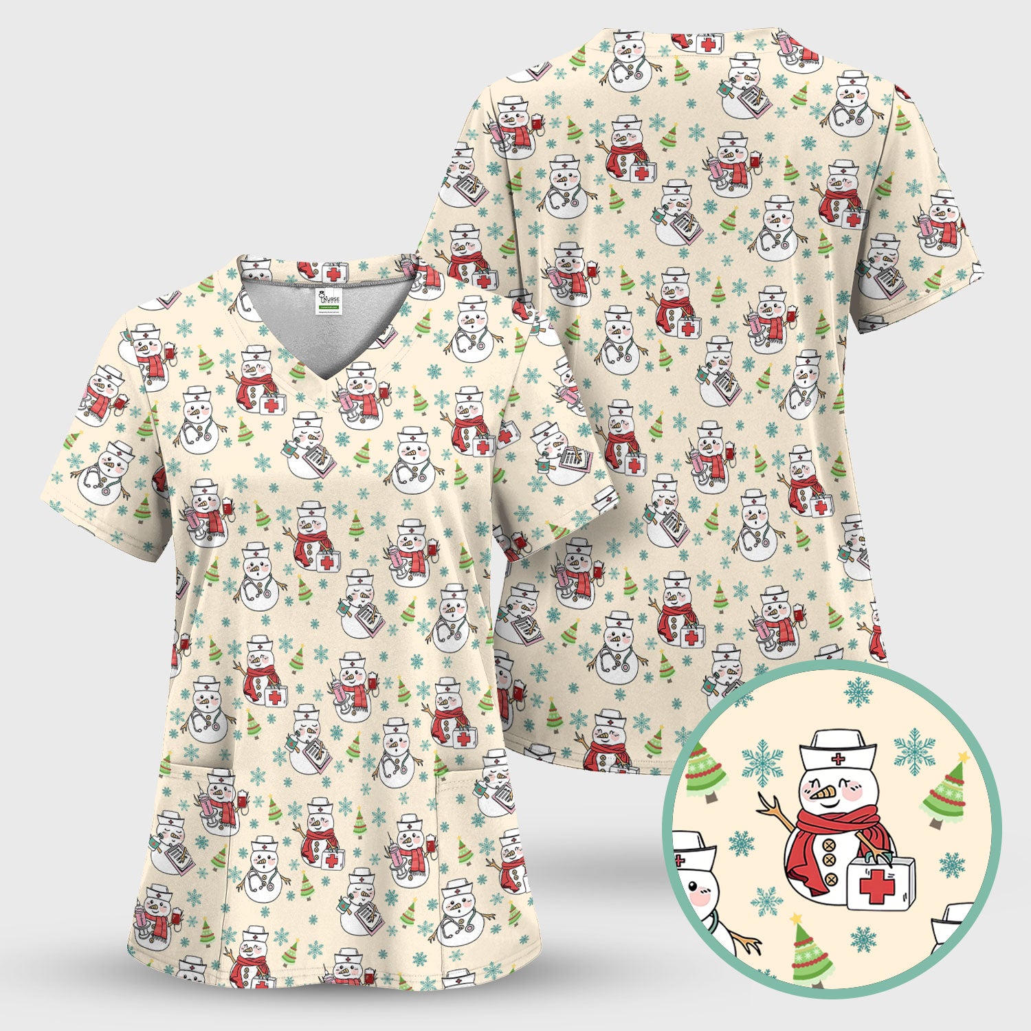 Christmas Snowman Nurse Scrub Top for Women - Cute Holiday Medical Snowman Tee - Funny Nursing Uniform Shirt RN LPN CNA Gift