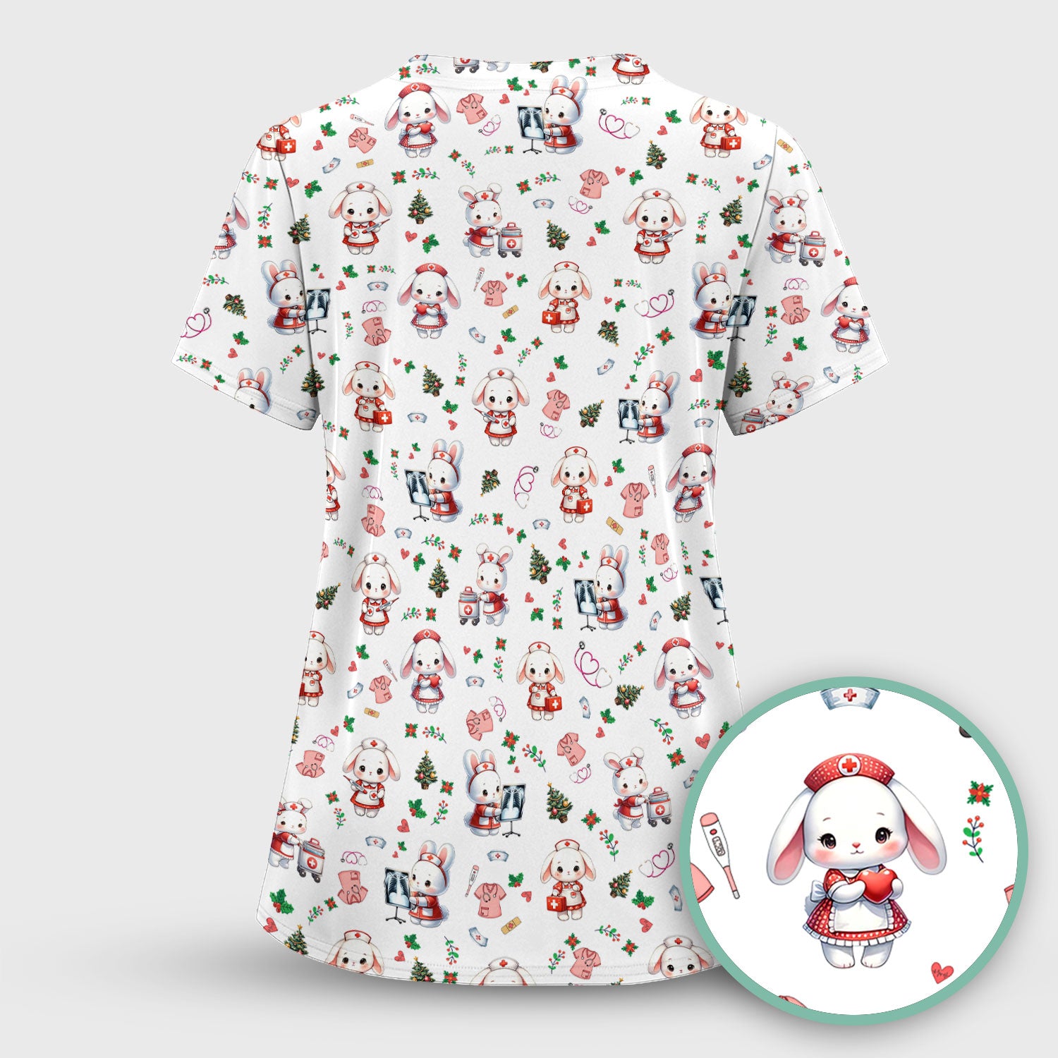 Comfortable Scrubs for Nurses - Funny Bunny Scrub Top - Rabbit Christmas Shirt - Xmas Med Uniform for Women