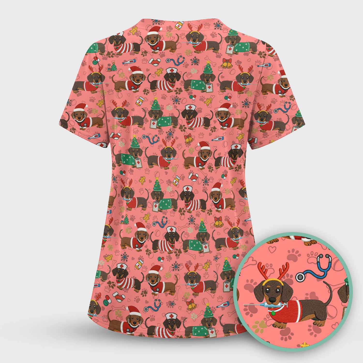 Christmas Wiener Dog Scrub Top for Nurses - Cute Dachshund Medical Shirt - Fun Holiday Scrubs Gift for Women RN CNA LPN