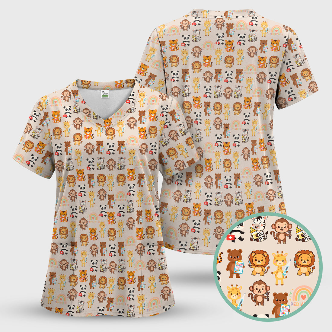 Cute Pediatric Nurse Scrub Top - Funny Zoo & Safari Animals Pattern Design - Gift for PEDS RN LPN